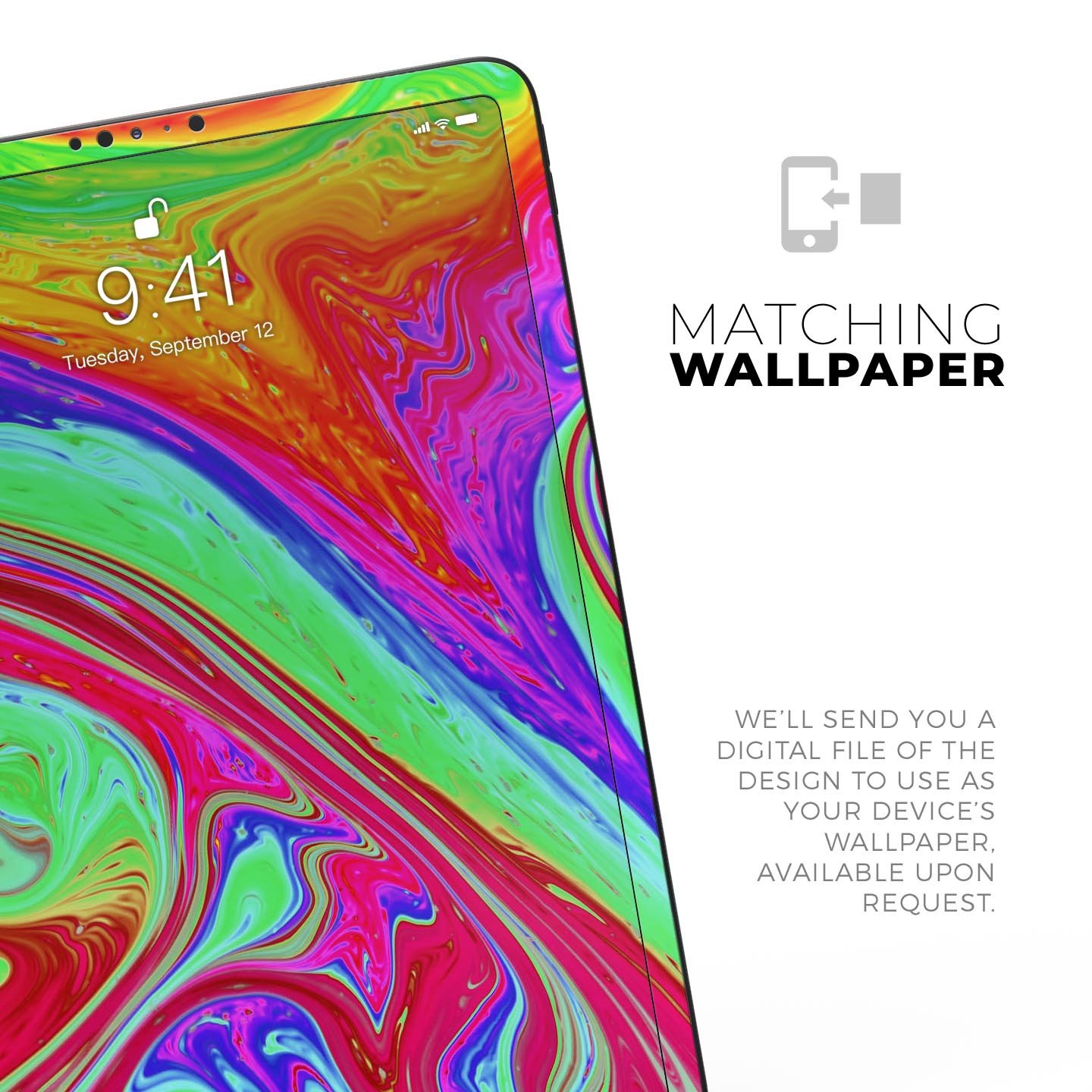 Neon Color Fusion V8 skin decal for Apple iPad Pro, showcasing vibrant colors and sleek design.