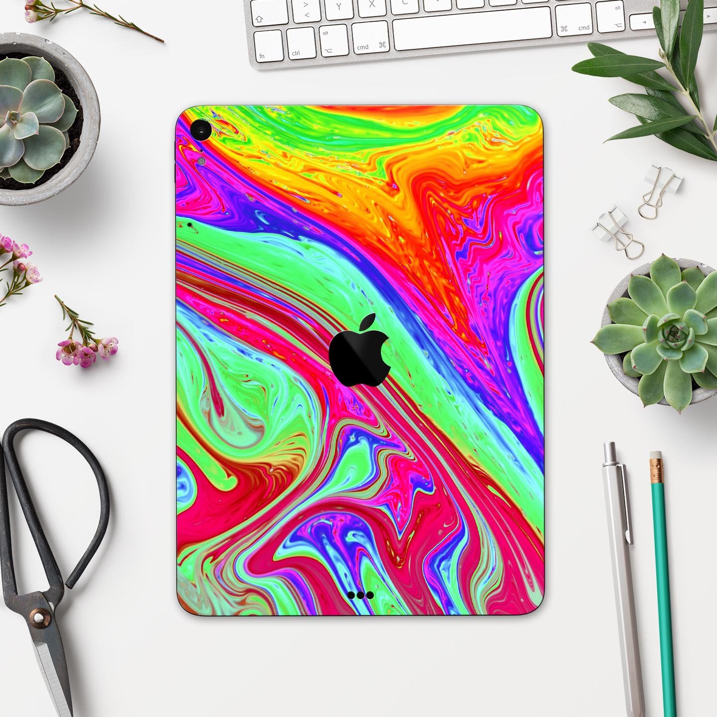 Neon Color Fusion V8 skin decal for Apple iPad Pro, showcasing vibrant colors and sleek design.