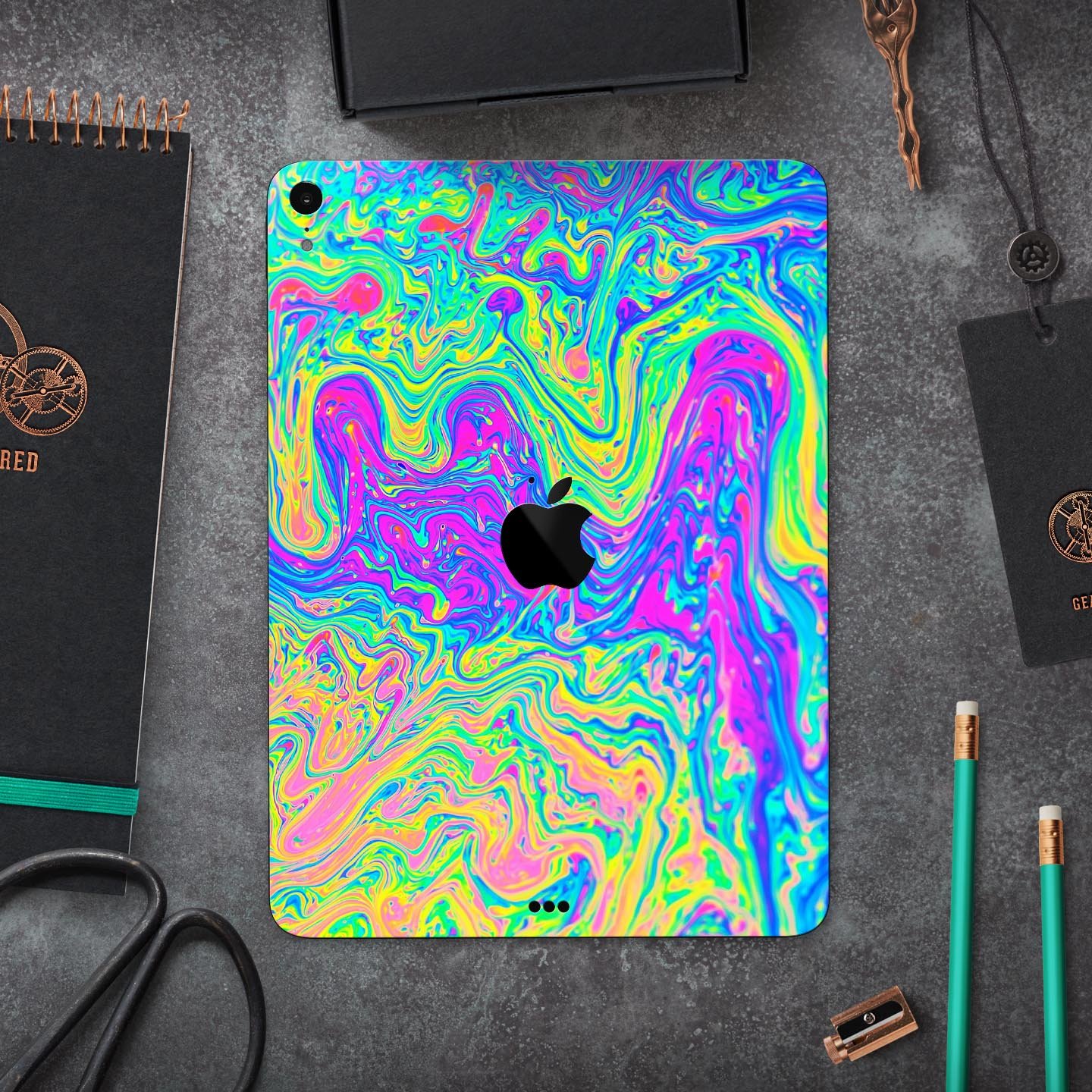 Vibrant Neon Color Swirls full body skin decal for Apple iPad Pro 12.9", showcasing colorful patterns and premium finish.