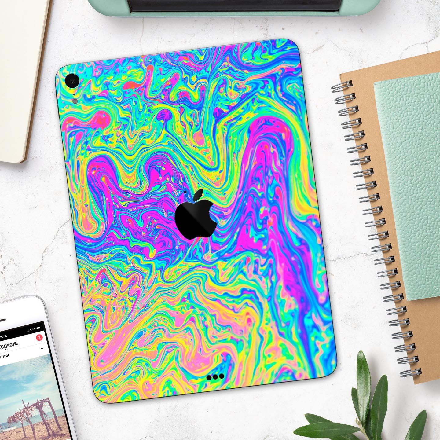 Vibrant Neon Color Swirls full body skin decal for Apple iPad Pro 12.9", showcasing colorful patterns and premium finish.