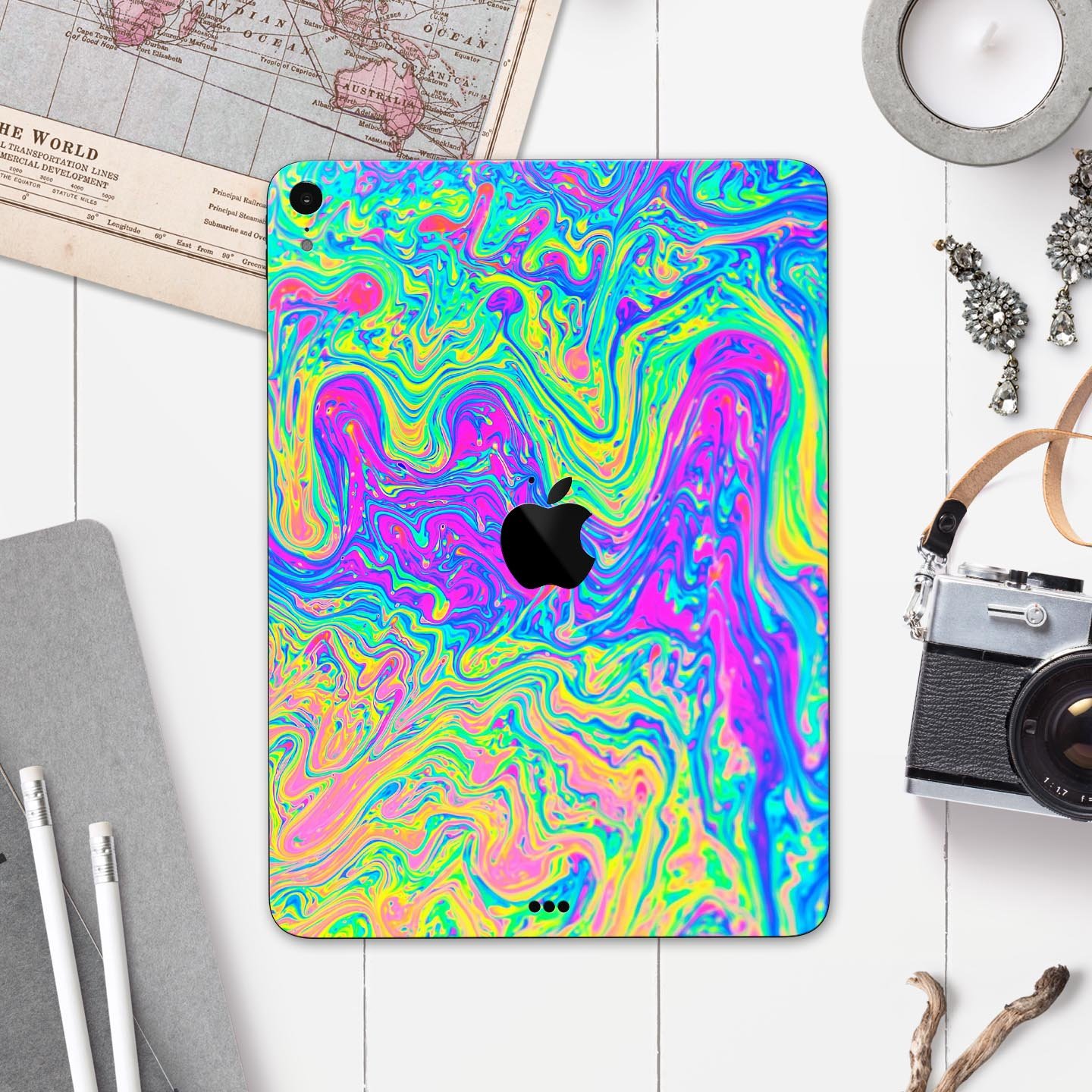 Vibrant Neon Color Swirls full body skin decal for Apple iPad Pro 12.9", showcasing colorful patterns and premium finish.