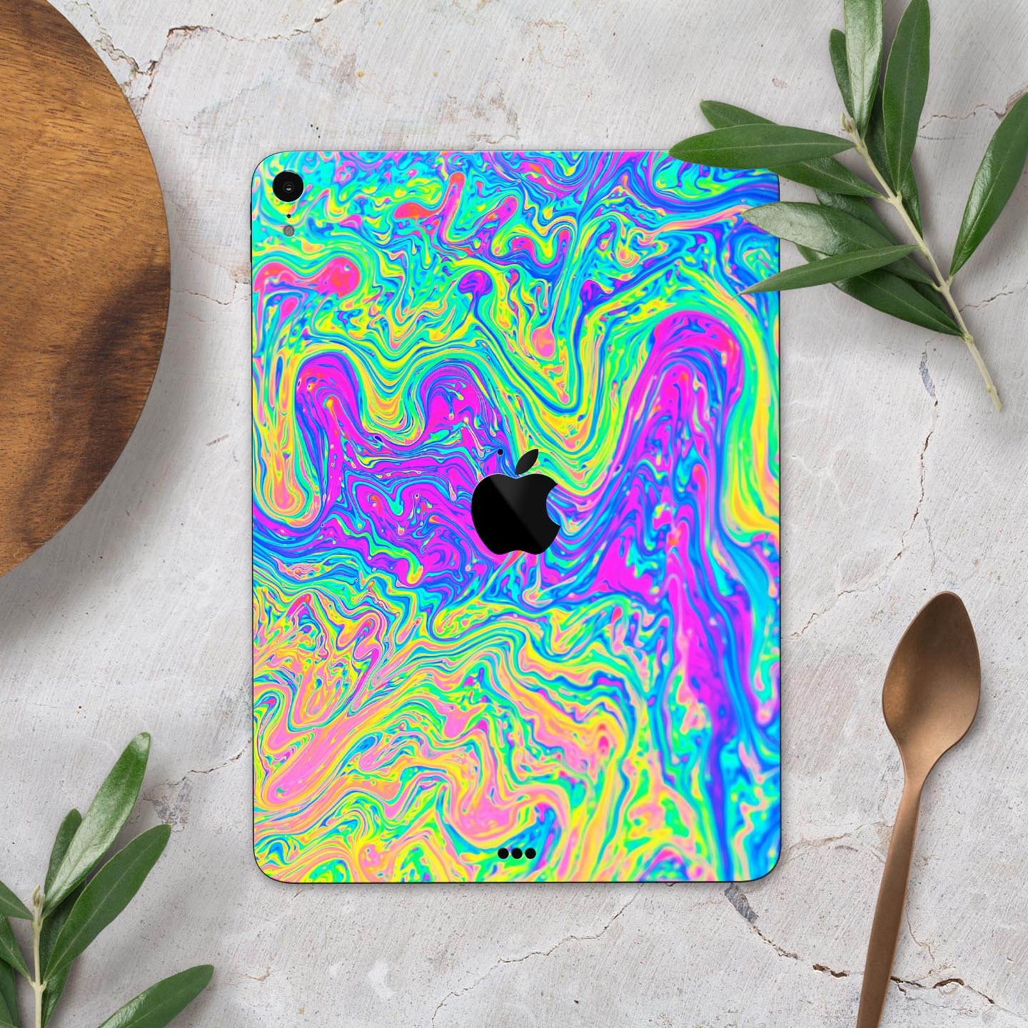 Vibrant Neon Color Swirls full body skin decal for Apple iPad Pro 12.9", showcasing colorful patterns and premium finish.