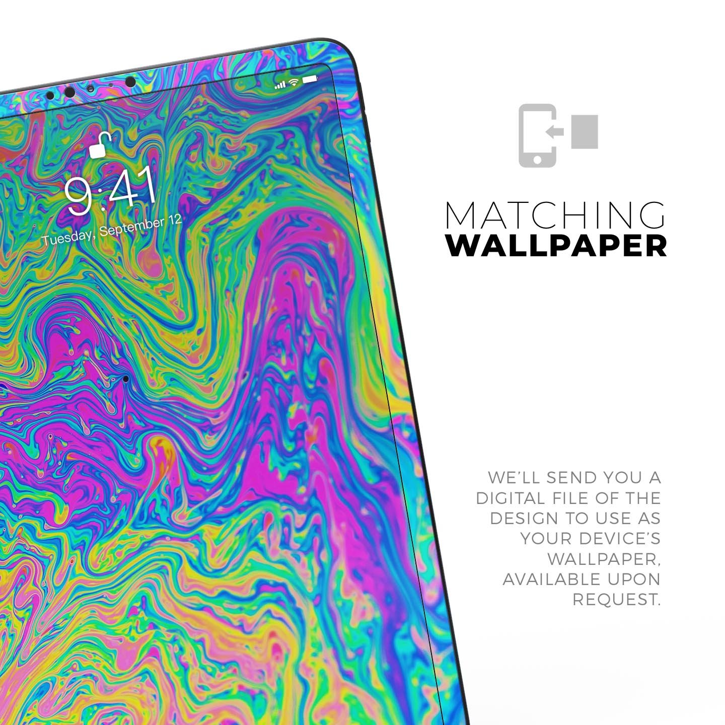 Vibrant Neon Color Swirls full body skin decal for Apple iPad Pro 12.9", showcasing colorful patterns and premium finish.