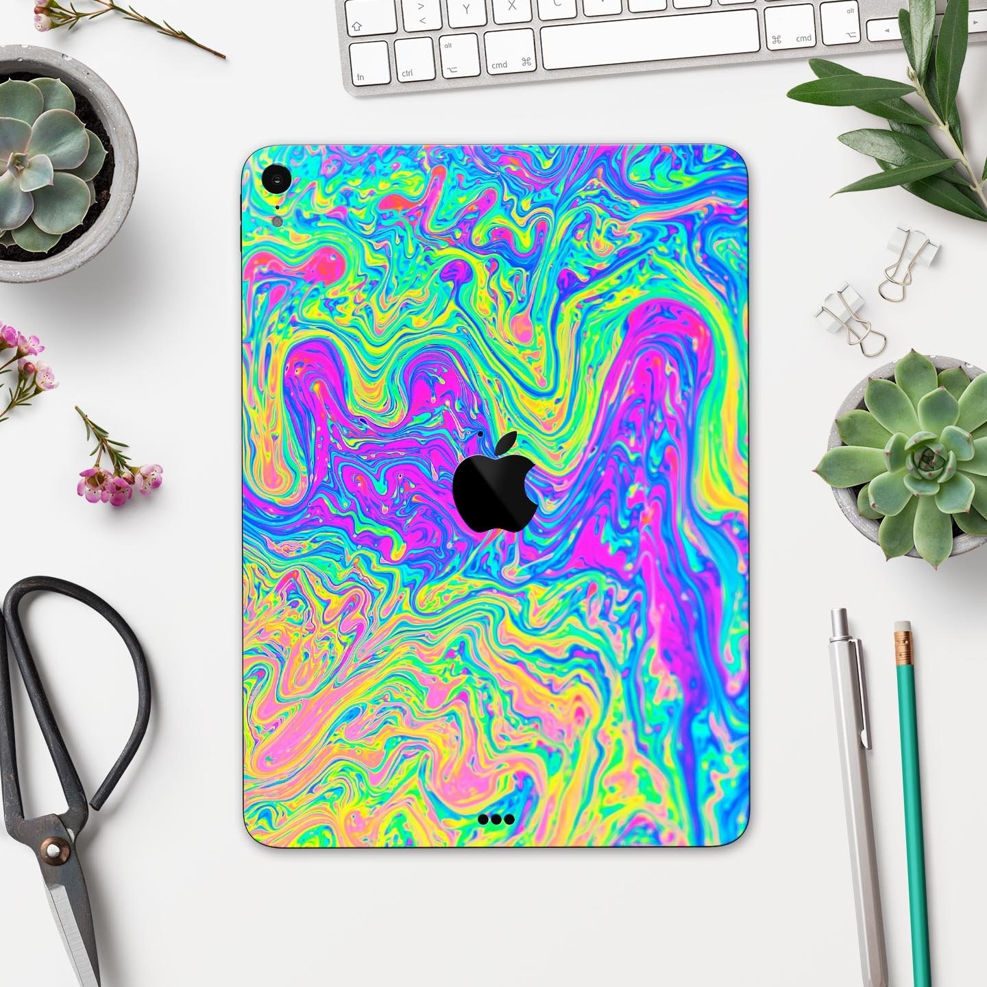 Vibrant Neon Color Swirls full body skin decal for Apple iPad Pro 12.9", showcasing colorful patterns and premium finish.