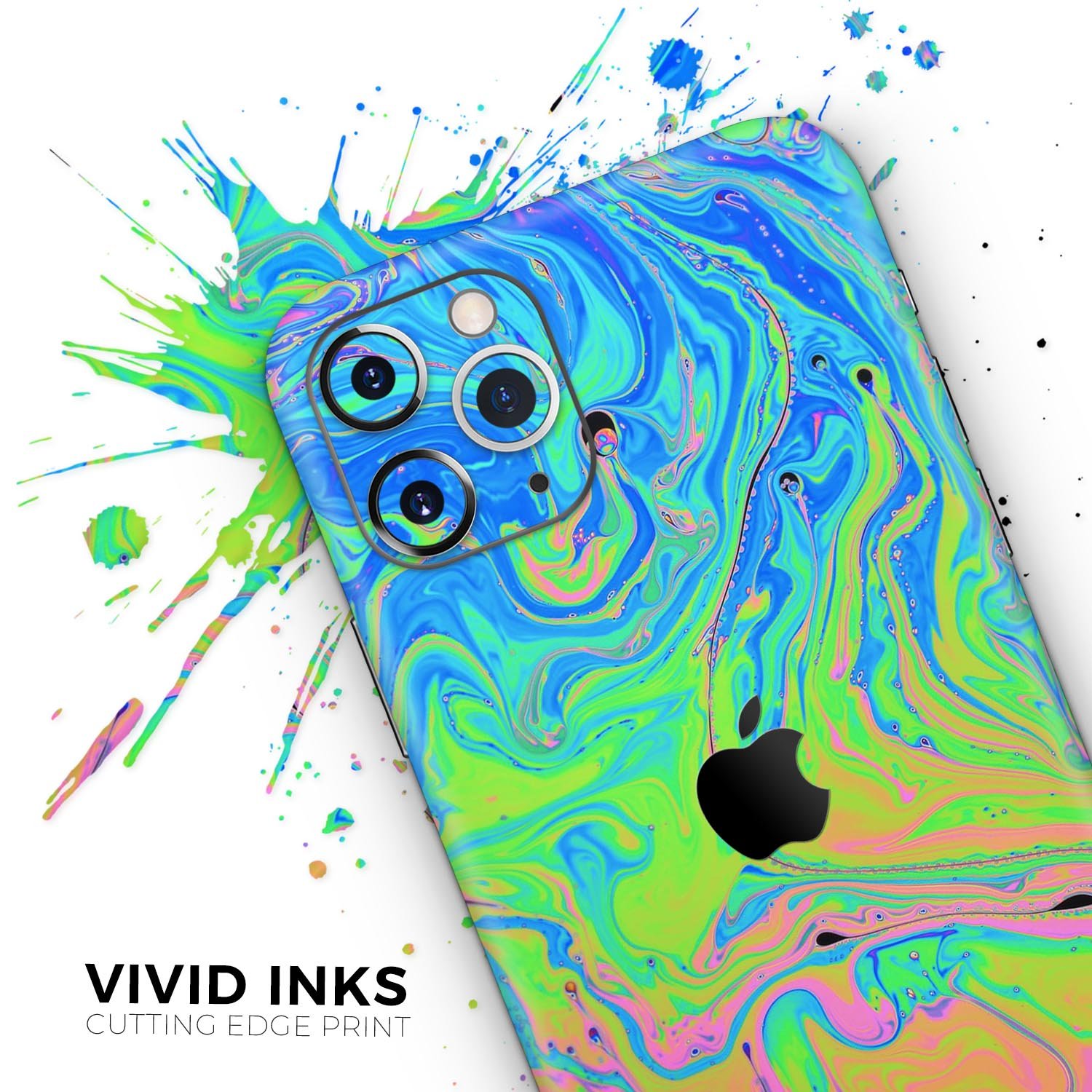 Vibrant Neon Color Swirls skin for Apple iPhone 14 and 13, showcasing a colorful design that enhances device aesthetics.