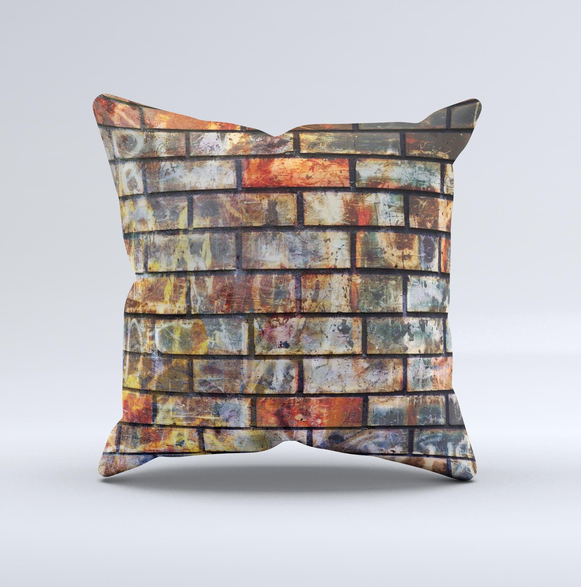 A vibrant decorative throw pillow featuring a neon graffiti brick wall design, showcasing unique colors and textures, perfect for home decor.