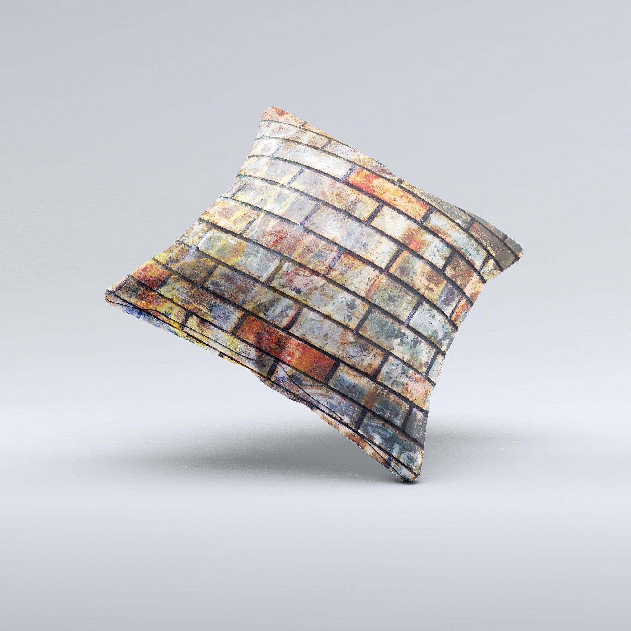 A vibrant decorative throw pillow featuring a neon graffiti brick wall design, showcasing unique colors and textures, perfect for home decor.