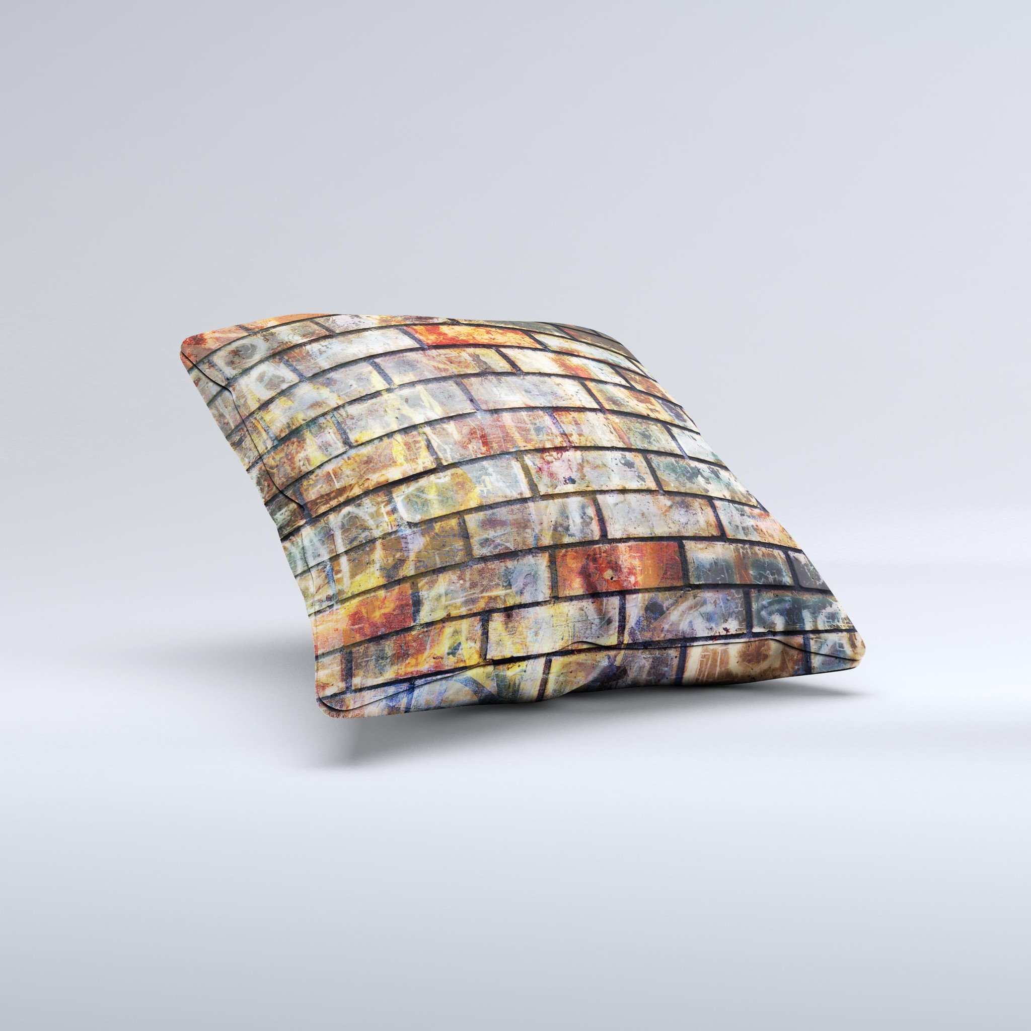 A vibrant decorative throw pillow featuring a neon graffiti brick wall design, showcasing unique colors and textures, perfect for home decor.