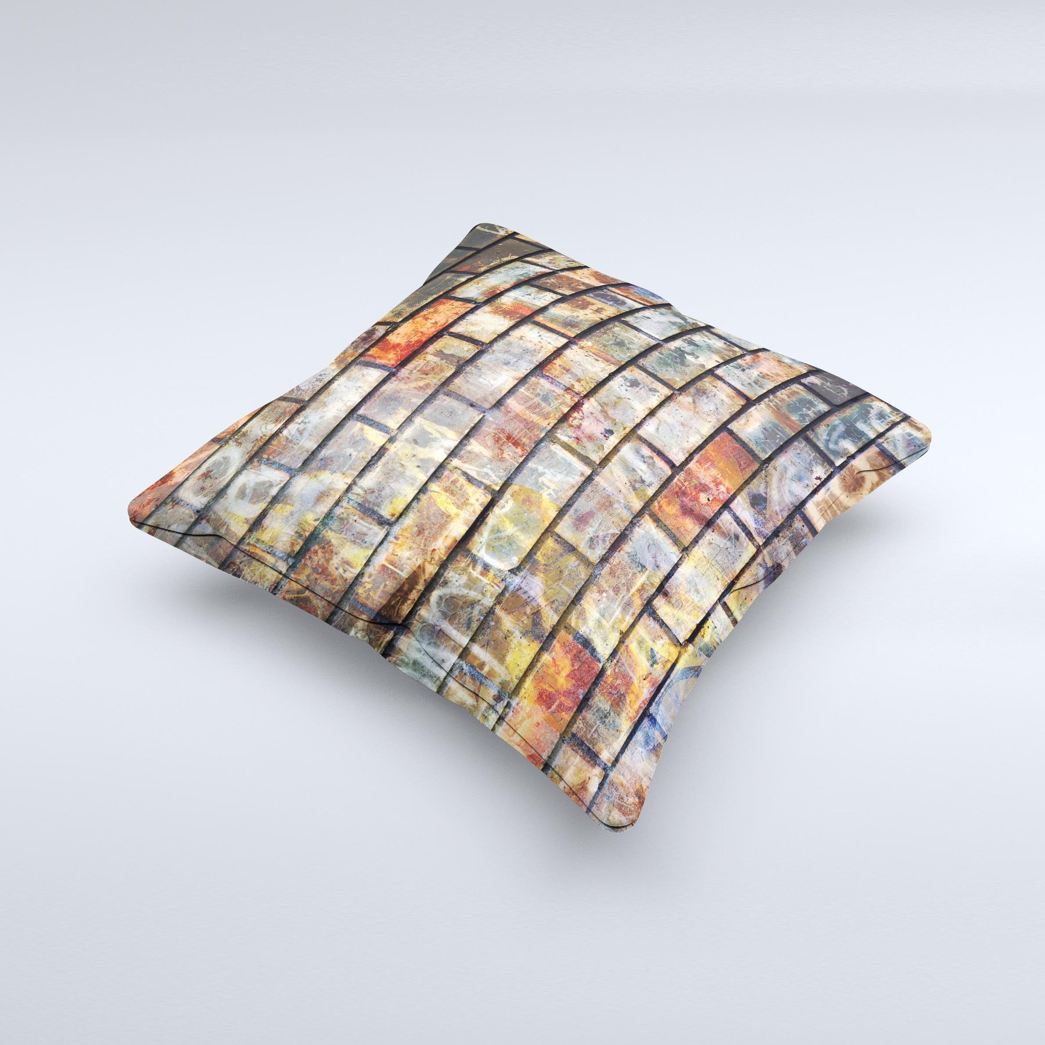 A vibrant decorative throw pillow featuring a neon graffiti brick wall design, showcasing unique colors and textures, perfect for home decor.