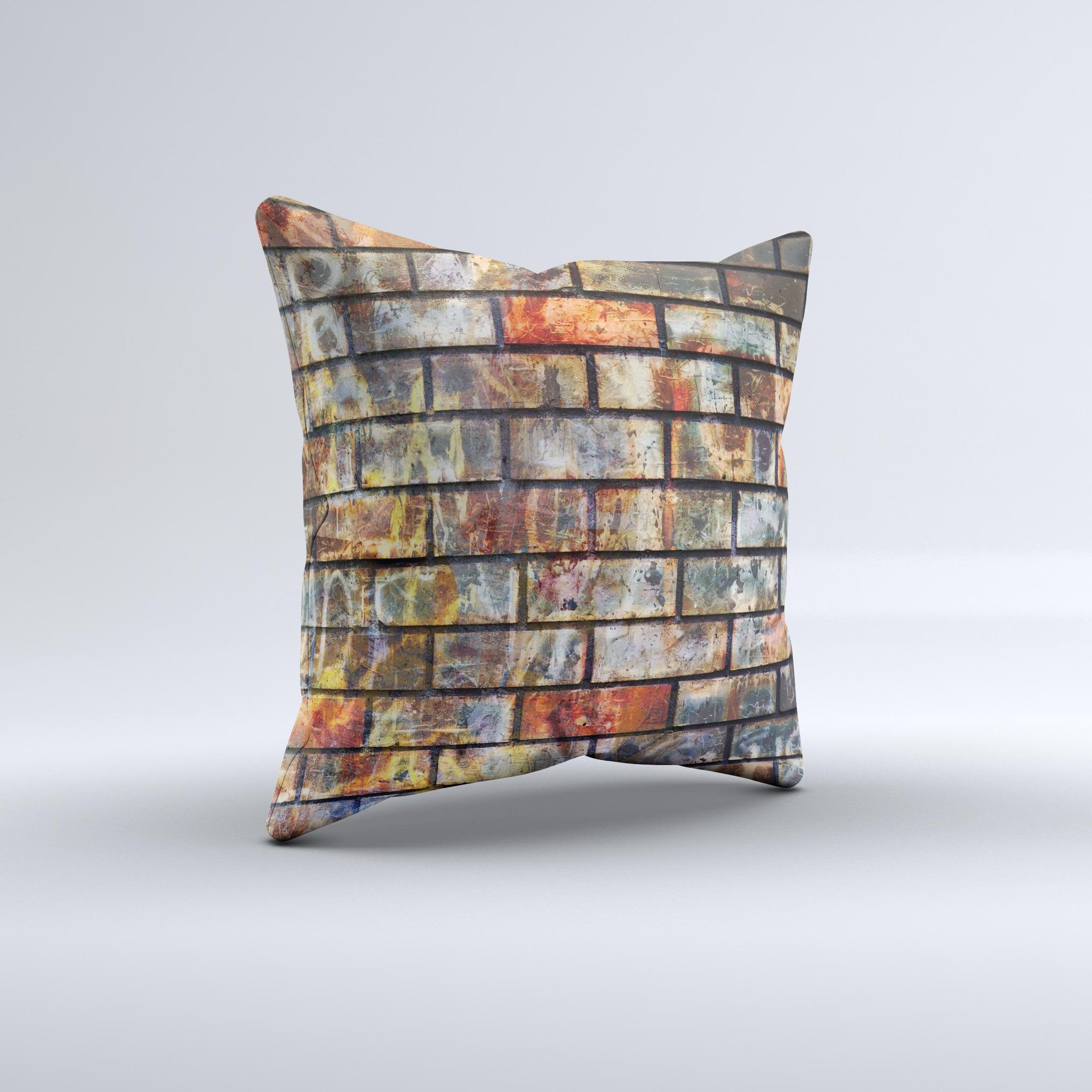 A vibrant decorative throw pillow featuring a neon graffiti brick wall design, showcasing unique colors and textures, perfect for home decor.