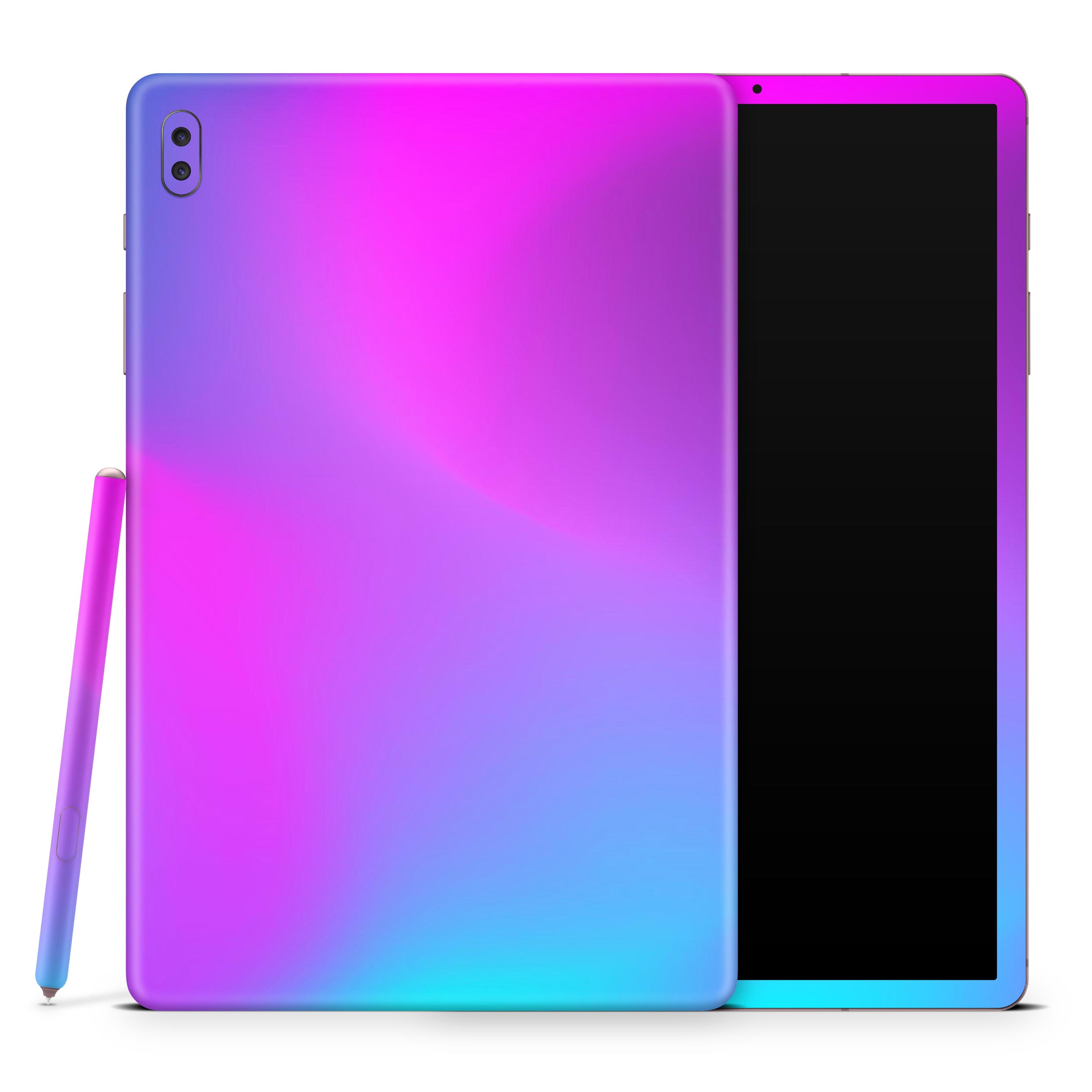 Neon Holographic V1 skin decal wrap kit for Samsung Galaxy tablet, showcasing vibrant colors and a sleek design.