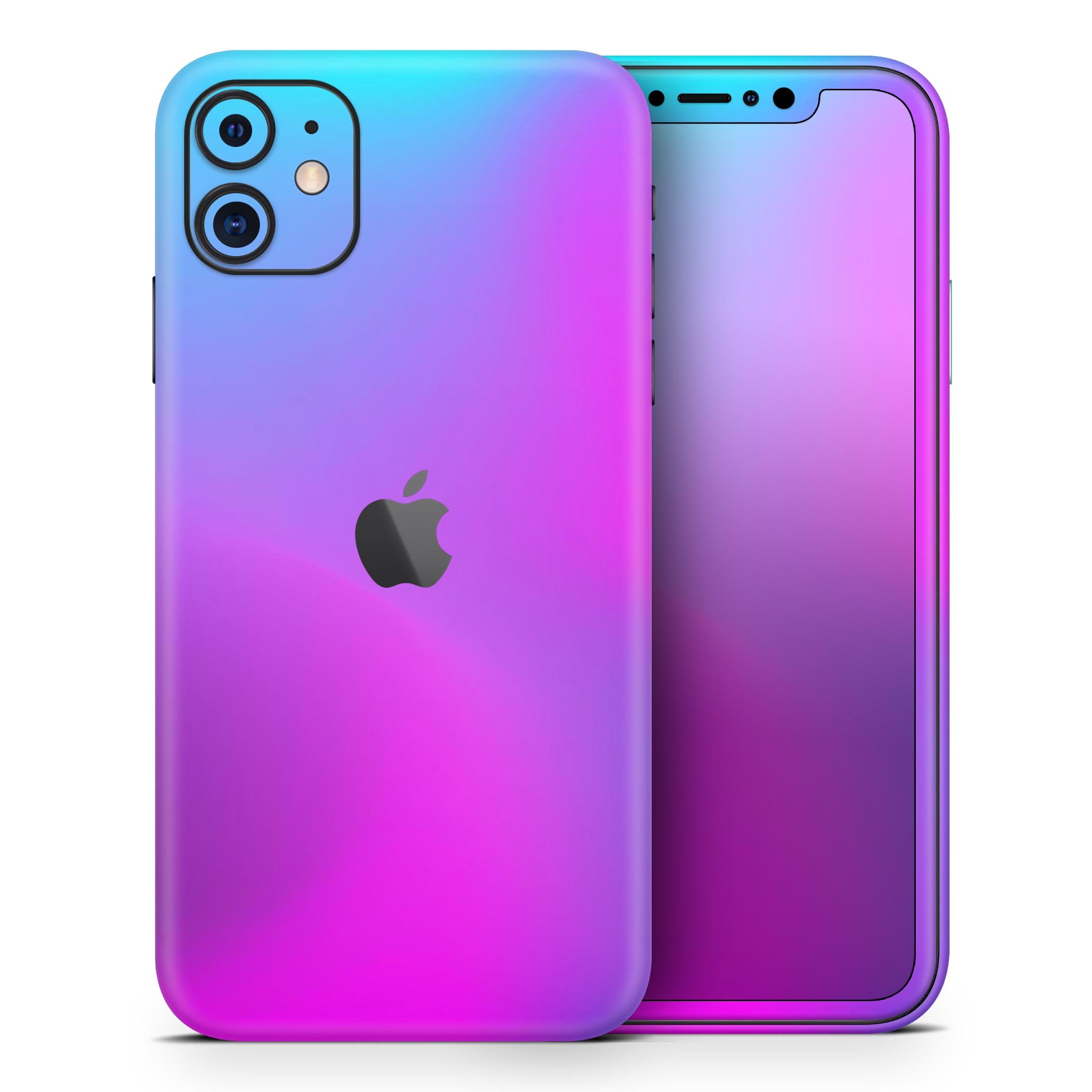 Neon Holographic V1 Skin-Kit for Apple iPhone 14, showcasing vibrant holographic design and premium vinyl material.