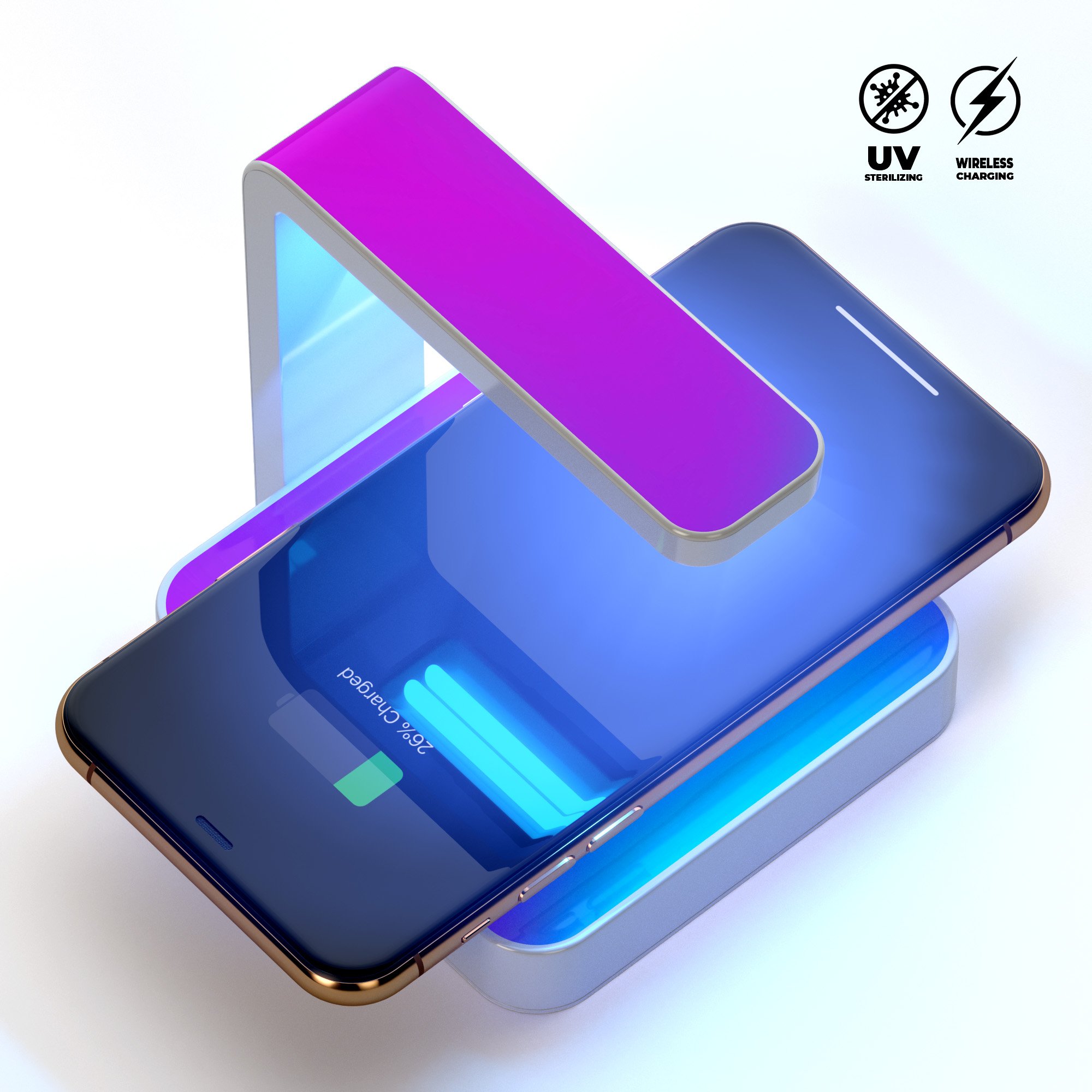 Neon Holographic V1 UV Germicidal Sanitizing Wireless Charger with phone placed on it, showcasing its sleek design and functionality.