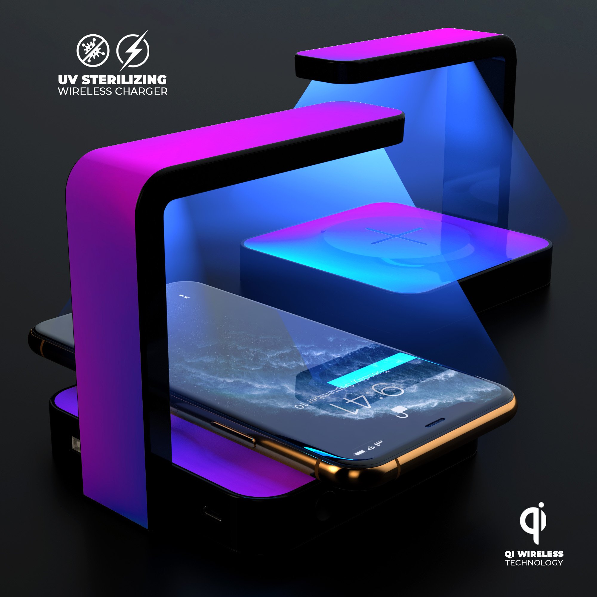 Neon Holographic V1 UV Germicidal Sanitizing Wireless Charger with phone placed on it, showcasing its sleek design and functionality.