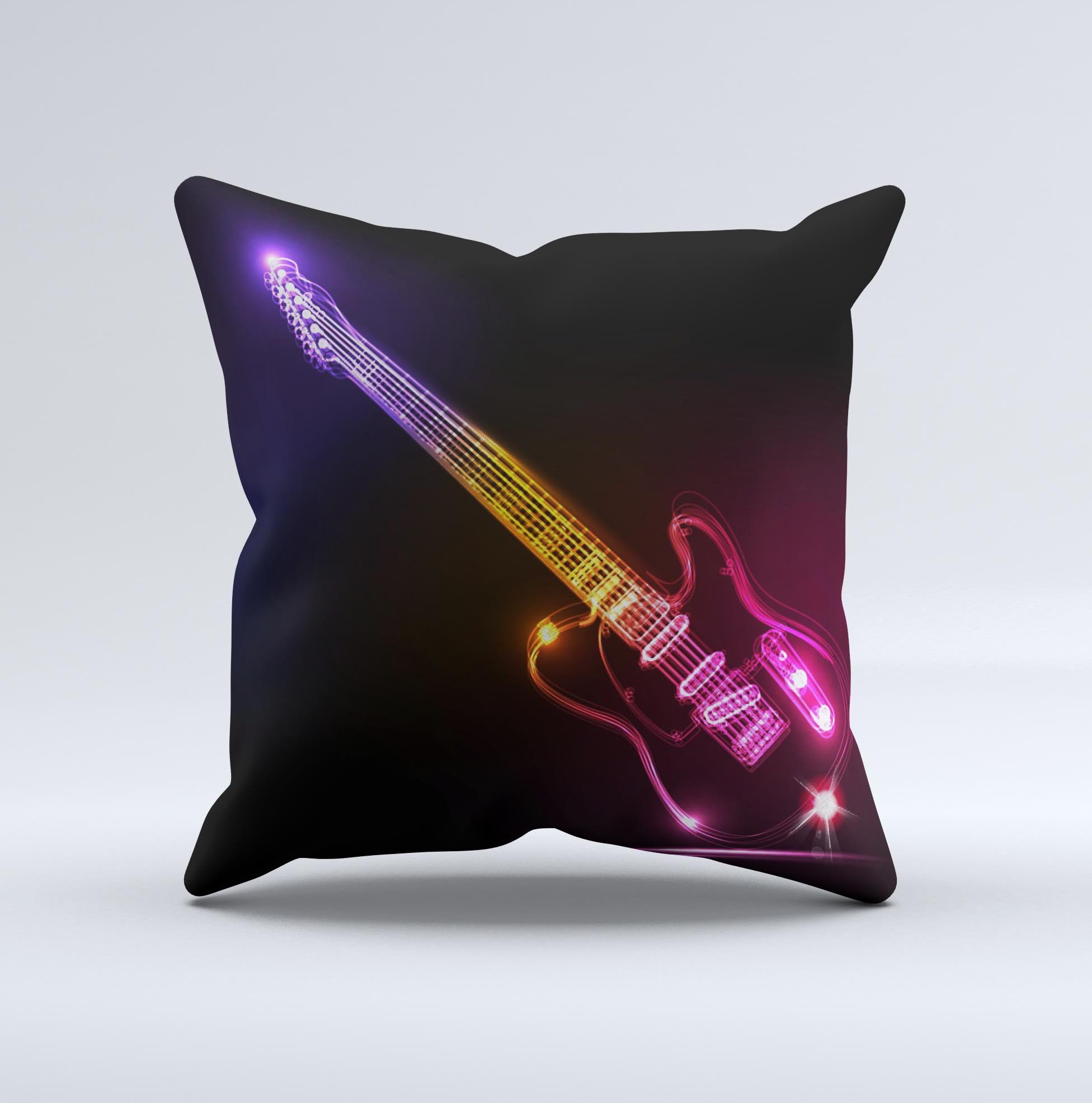 Vibrant Neon Light Guitar decorative throw pillow with unique ink-fuzed design, handcrafted in Virginia, showcasing a colorful guitar graphic.