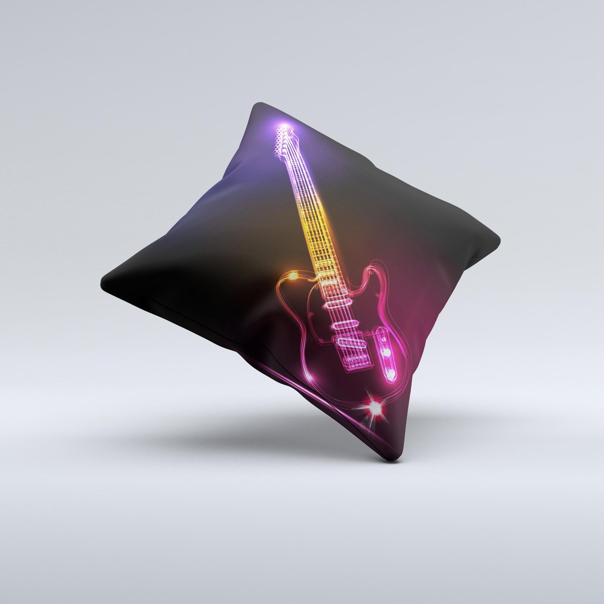 Vibrant Neon Light Guitar decorative throw pillow with unique ink-fuzed design, handcrafted in Virginia, showcasing a colorful guitar graphic.