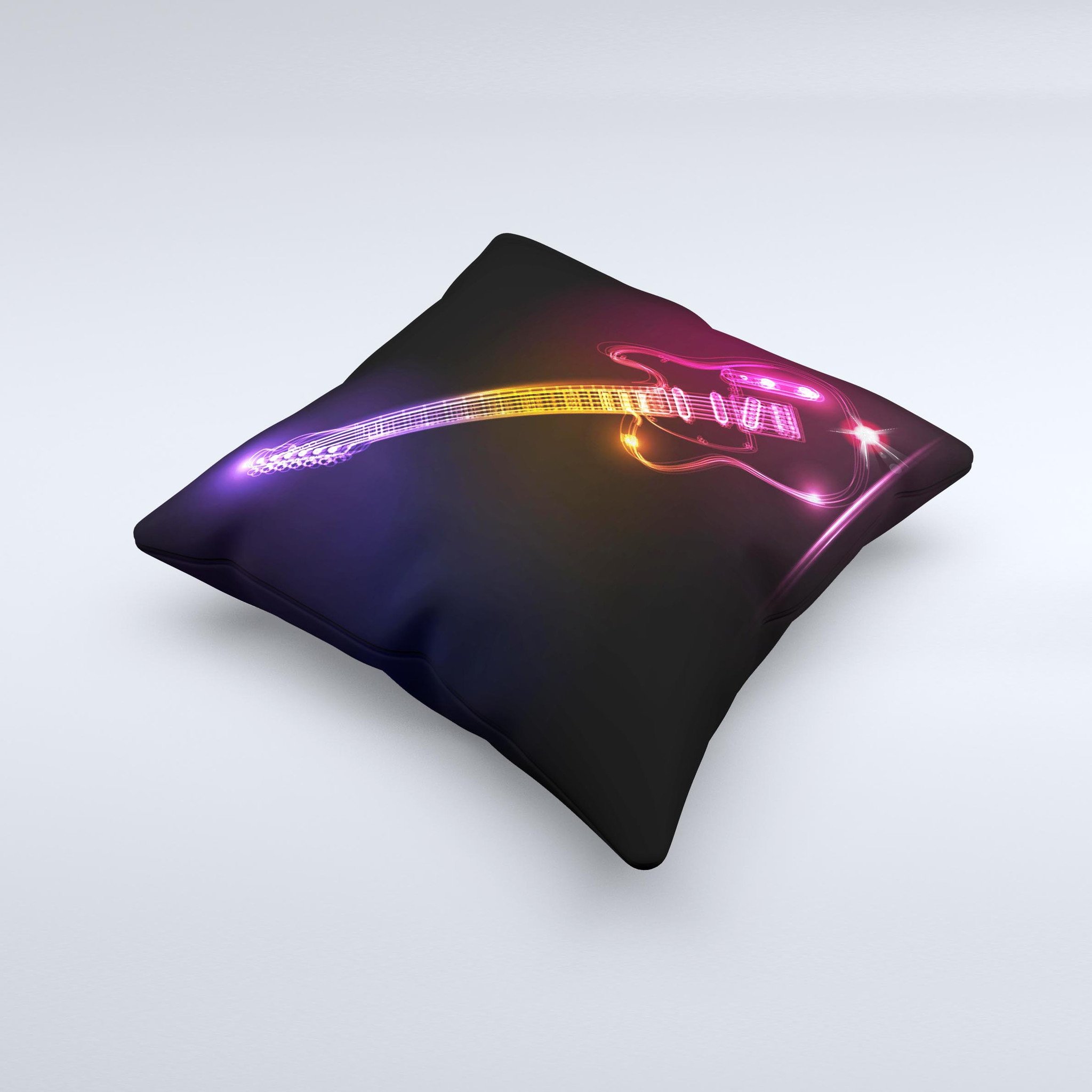 Vibrant Neon Light Guitar decorative throw pillow with unique ink-fuzed design, handcrafted in Virginia, showcasing a colorful guitar graphic.