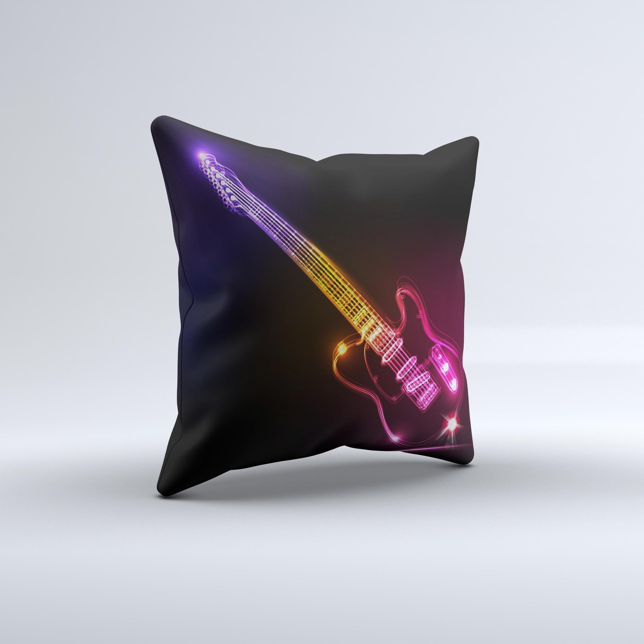 Vibrant Neon Light Guitar decorative throw pillow with unique ink-fuzed design, handcrafted in Virginia, showcasing a colorful guitar graphic.