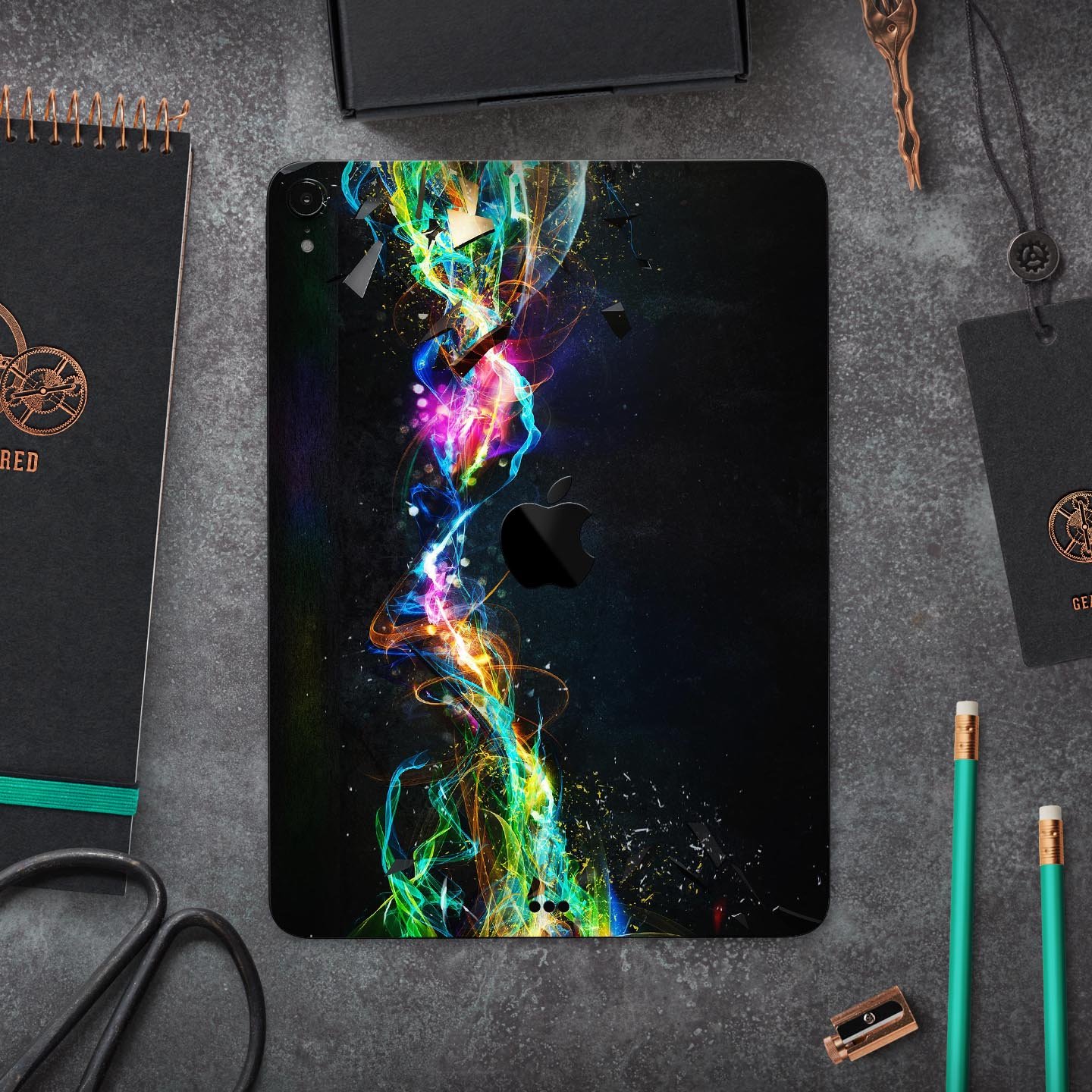 Neon Motion Lights skin decal for Apple iPad Pro, showcasing vibrant colors and ultra-thin design for protection.