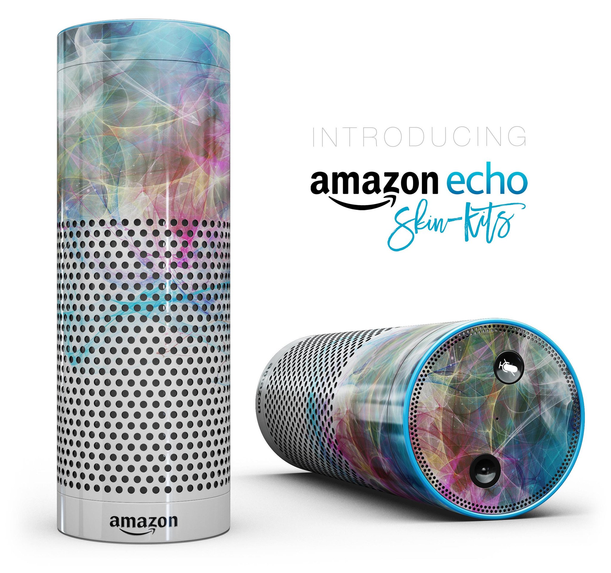 Vibrant neon multi-colored skin kit for Amazon Echo, showcasing glossy and matte finish options.