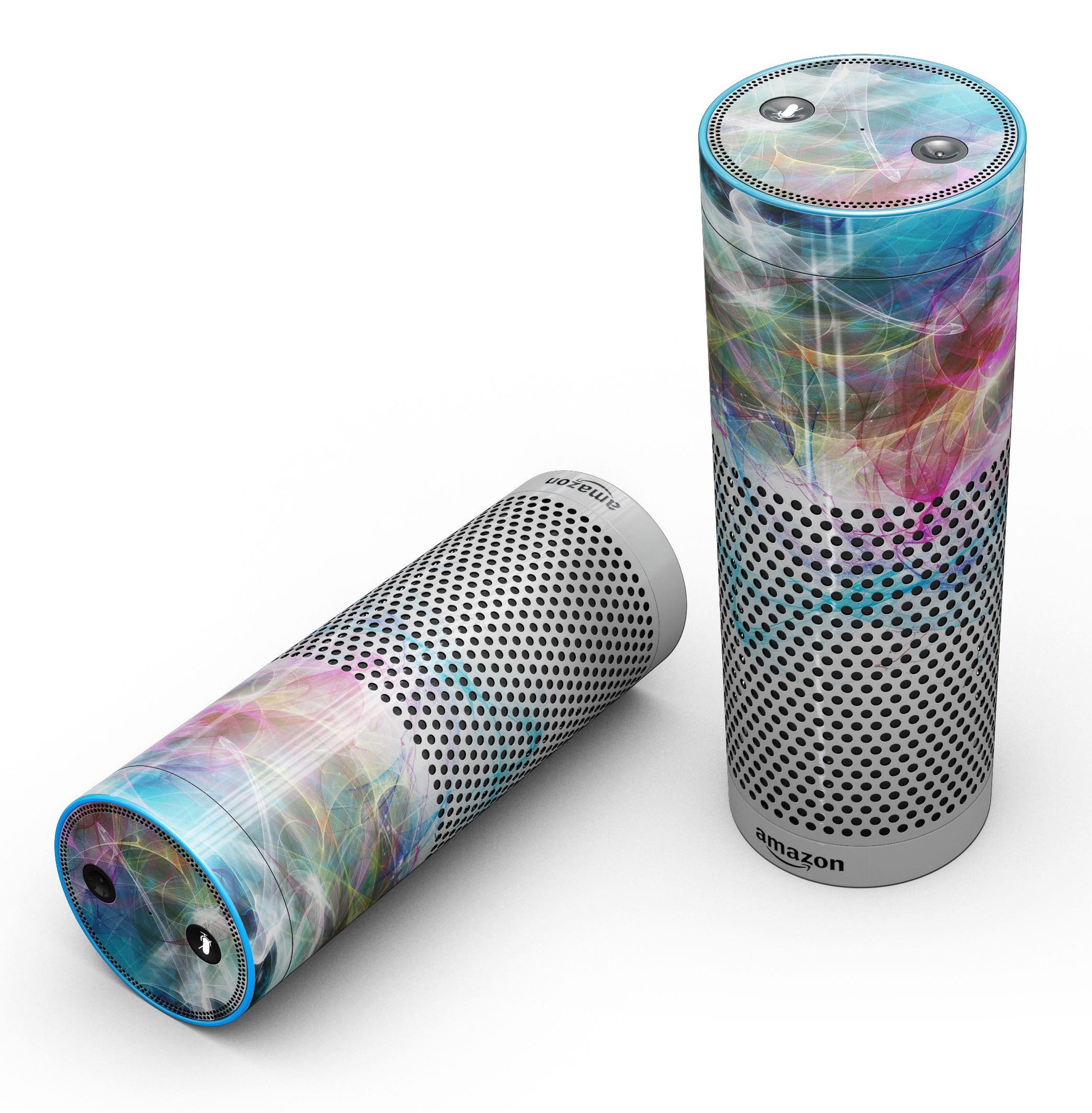 Vibrant neon multi-colored skin kit for Amazon Echo, showcasing glossy and matte finish options.