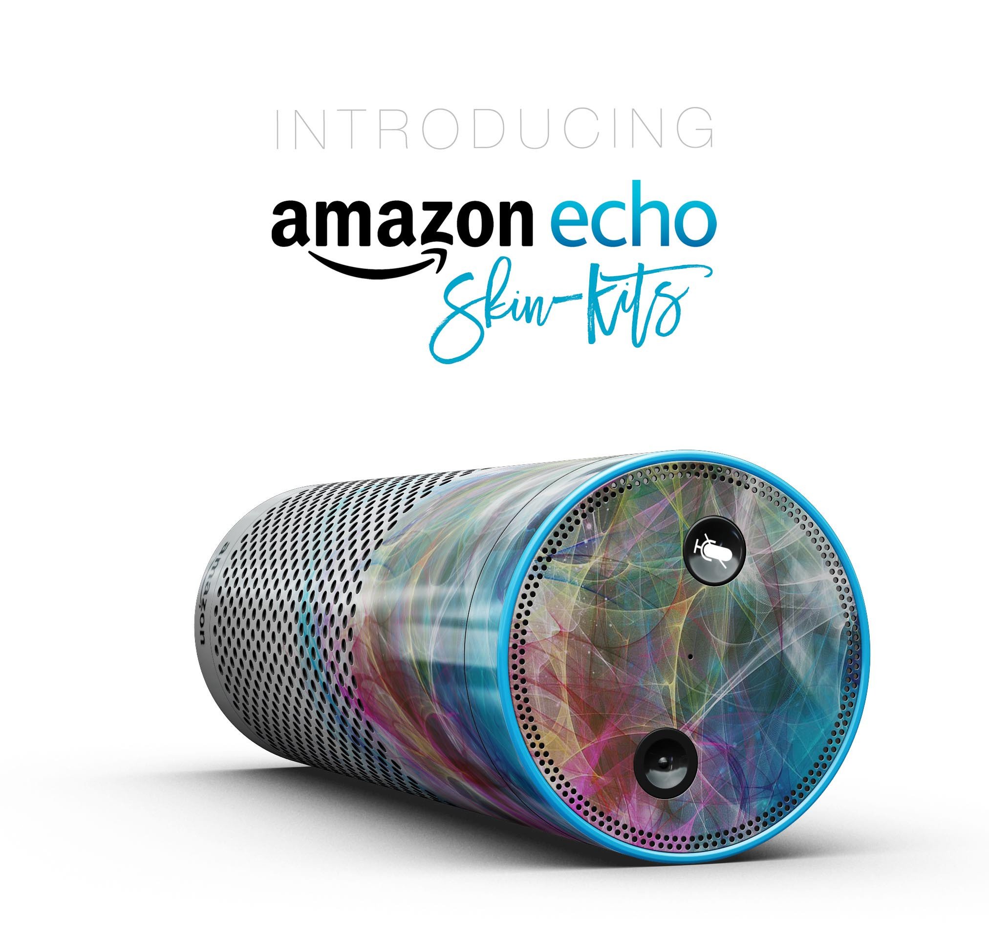 Vibrant neon multi-colored skin kit for Amazon Echo, showcasing glossy and matte finish options.