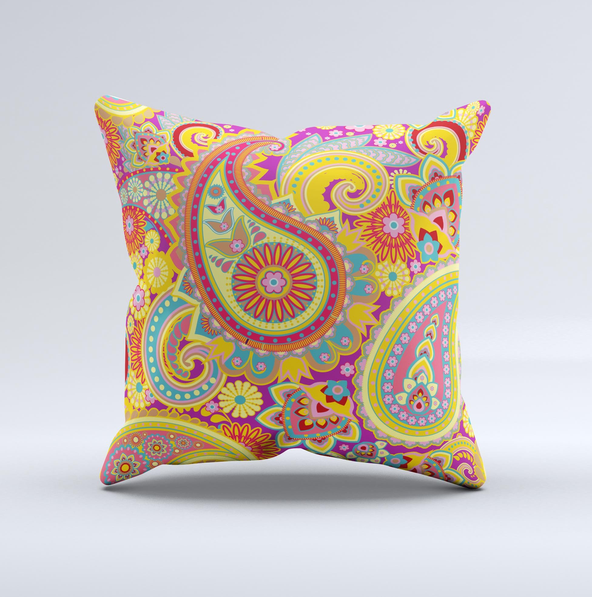 Neon orange decorative throw pillow with paisley pattern, handcrafted in Virginia, showcasing vibrant colors and unique design.