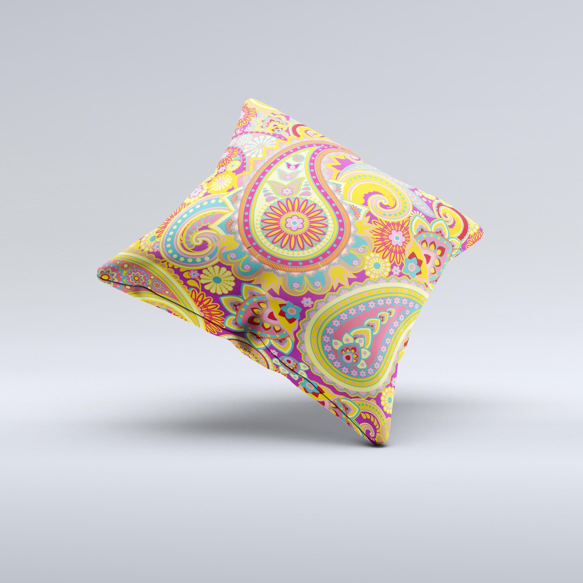 Neon orange decorative throw pillow with paisley pattern, handcrafted in Virginia, showcasing vibrant colors and unique design.