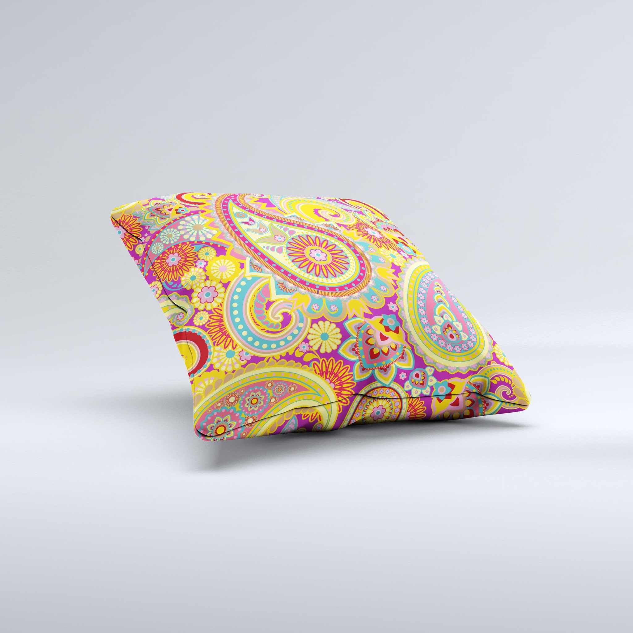 Neon orange decorative throw pillow with paisley pattern, handcrafted in Virginia, showcasing vibrant colors and unique design.