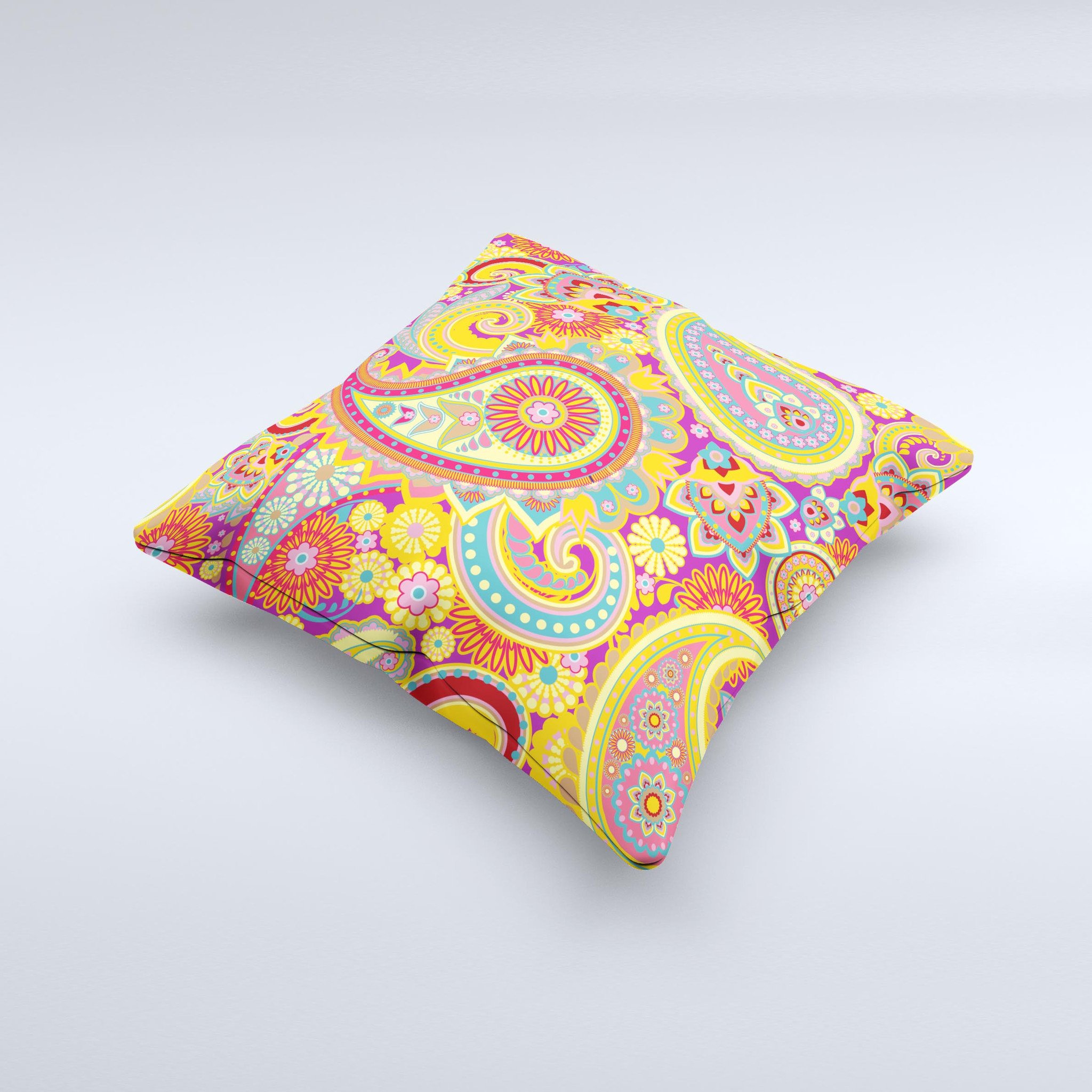 Neon orange decorative throw pillow with paisley pattern, handcrafted in Virginia, showcasing vibrant colors and unique design.