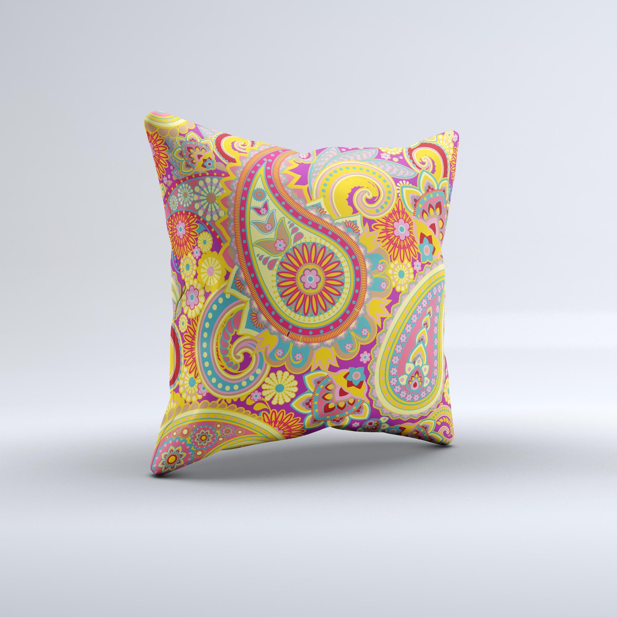 Neon orange decorative throw pillow with paisley pattern, handcrafted in Virginia, showcasing vibrant colors and unique design.