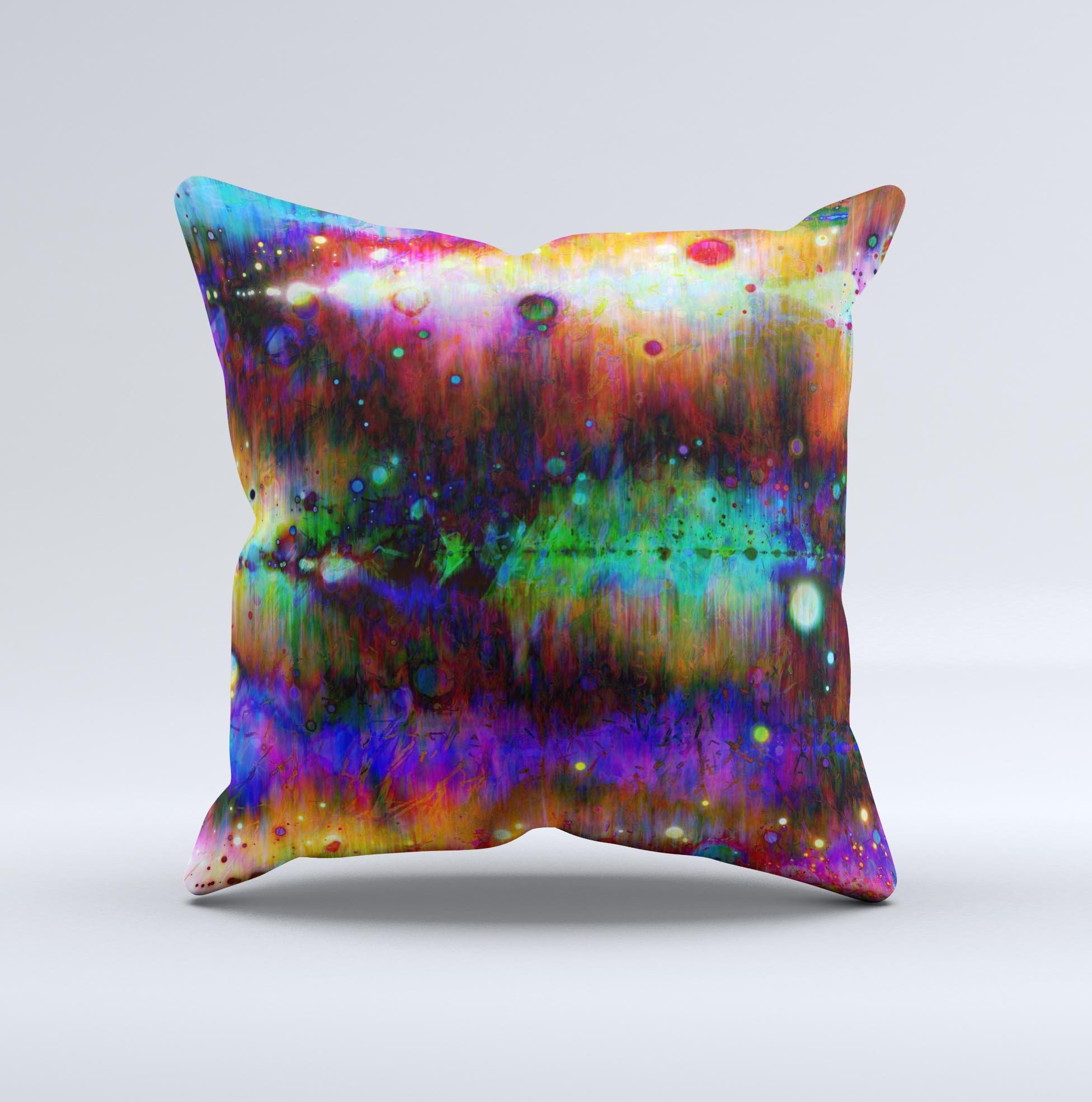 A vibrant neon paint mixtured surface decorative throw pillow, handcrafted in Virginia, showcasing unique ink-fuzed design and high-quality fabric.