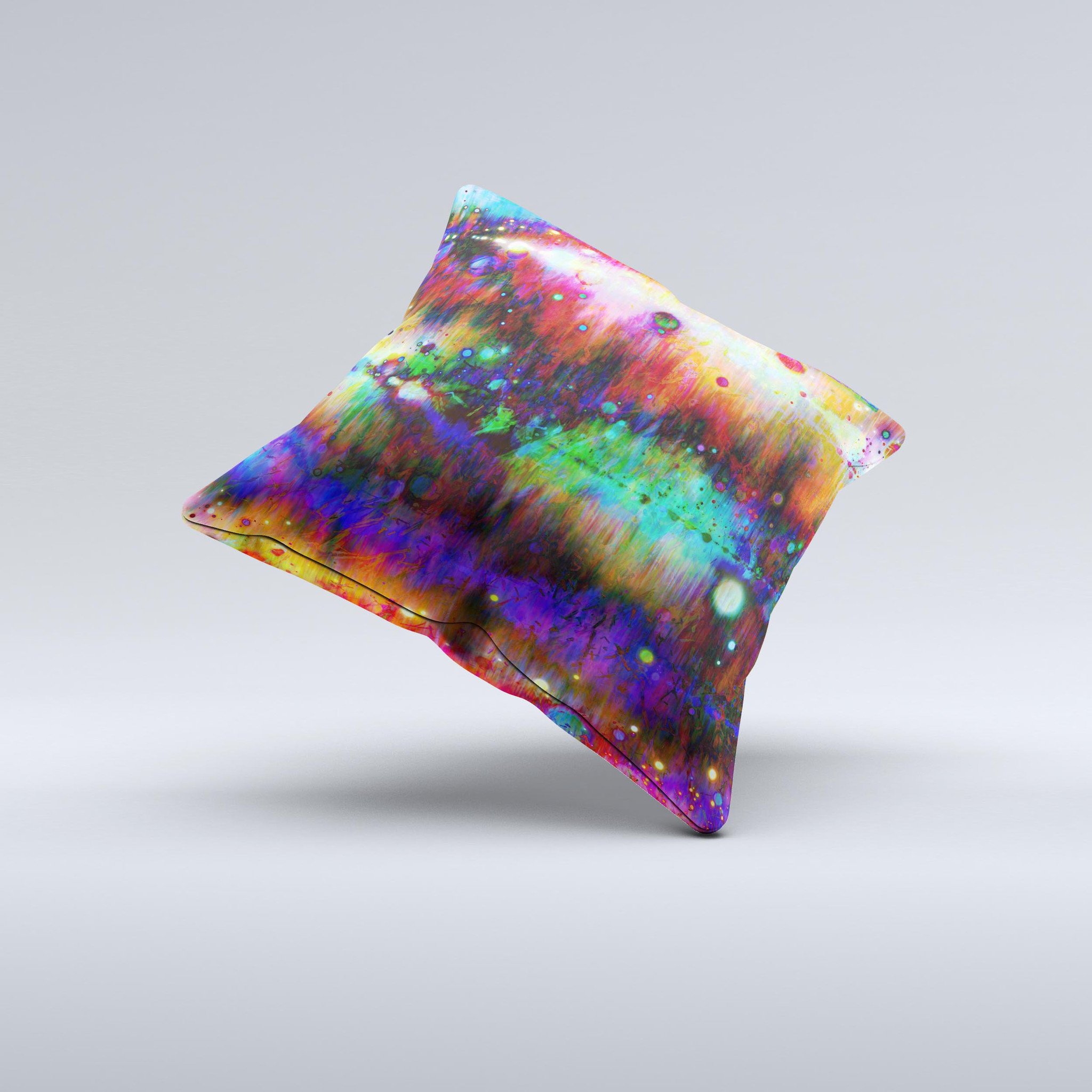 A vibrant neon paint mixtured surface decorative throw pillow, handcrafted in Virginia, showcasing unique ink-fuzed design and high-quality fabric.