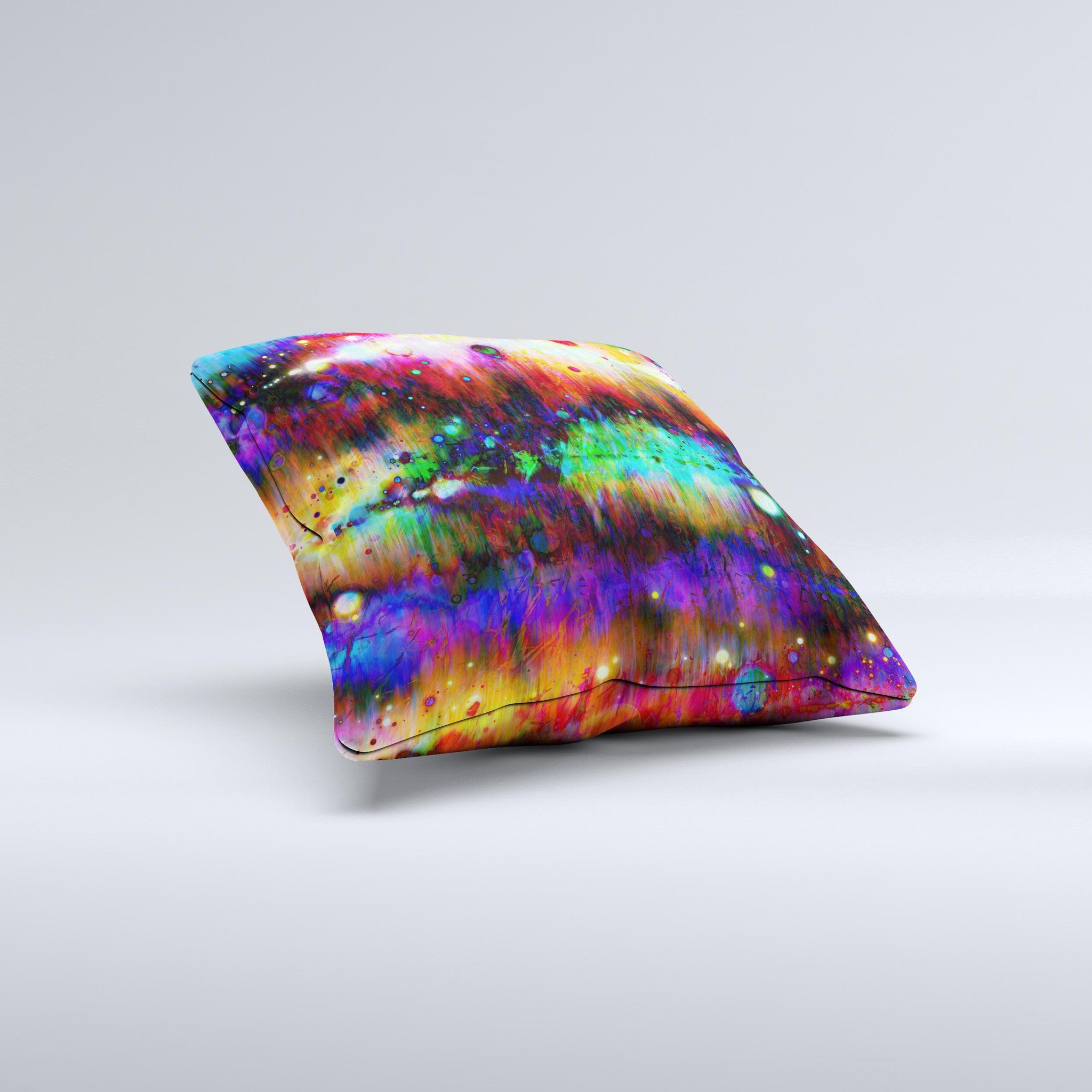 A vibrant neon paint mixtured surface decorative throw pillow, handcrafted in Virginia, showcasing unique ink-fuzed design and high-quality fabric.