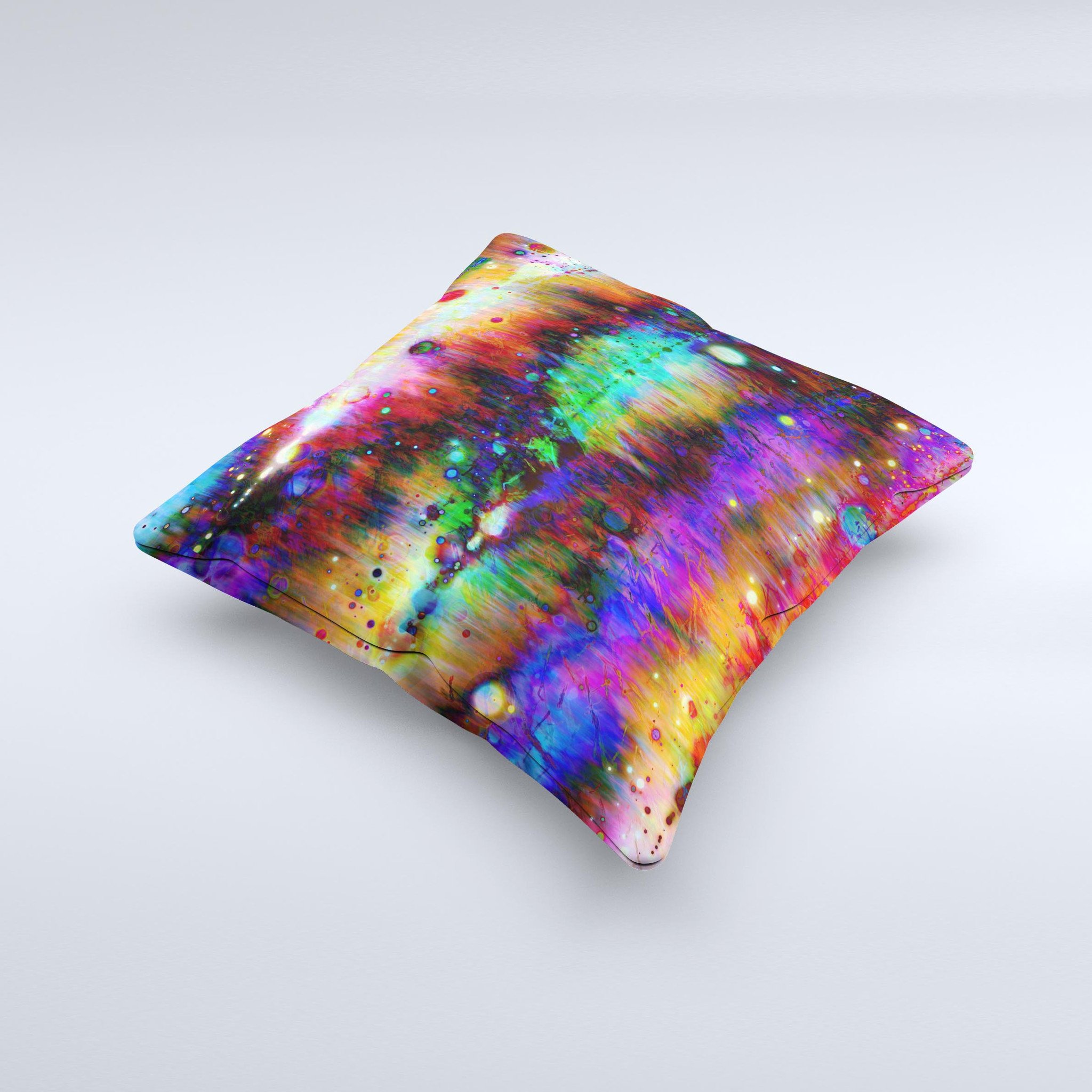 A vibrant neon paint mixtured surface decorative throw pillow, handcrafted in Virginia, showcasing unique ink-fuzed design and high-quality fabric.