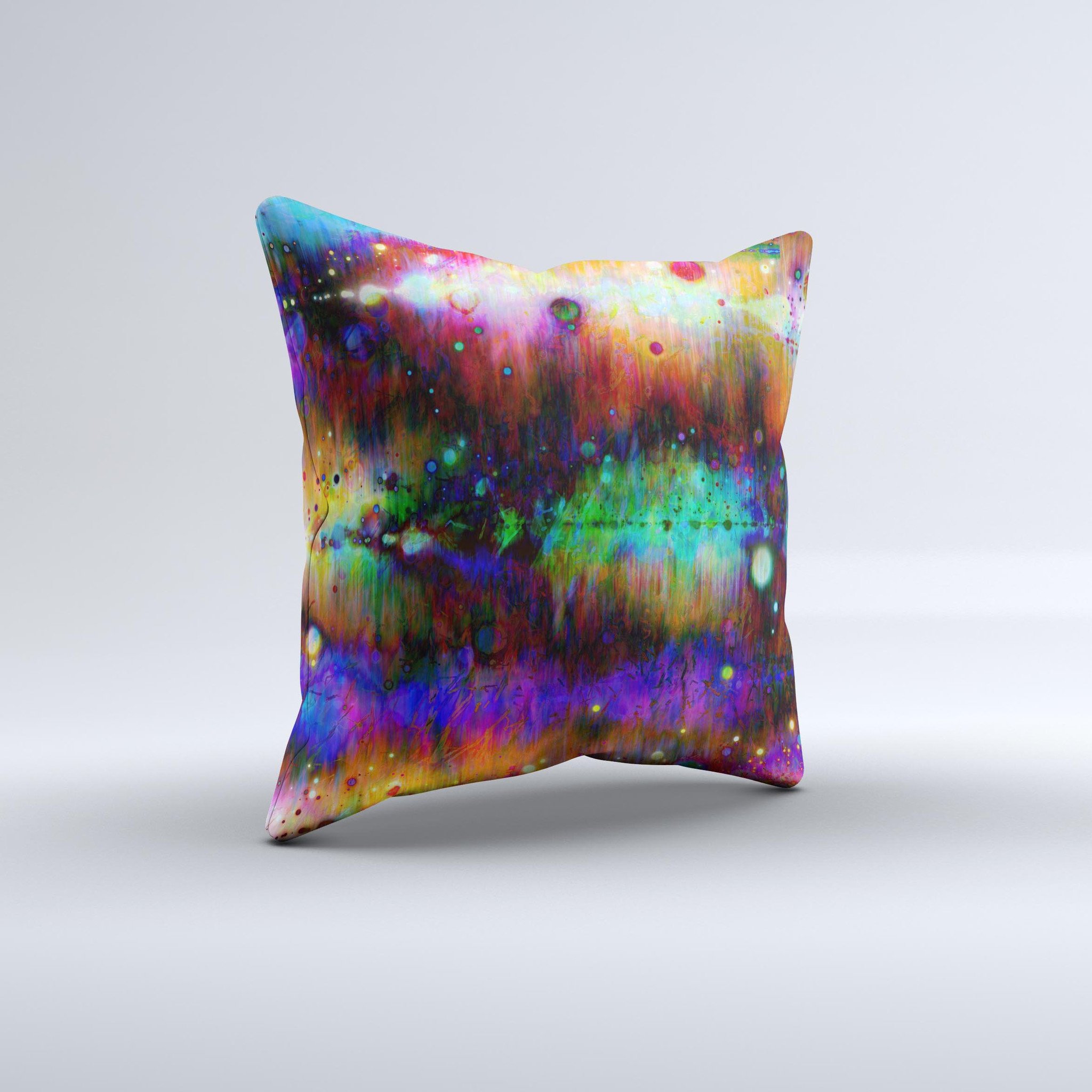 A vibrant neon paint mixtured surface decorative throw pillow, handcrafted in Virginia, showcasing unique ink-fuzed design and high-quality fabric.