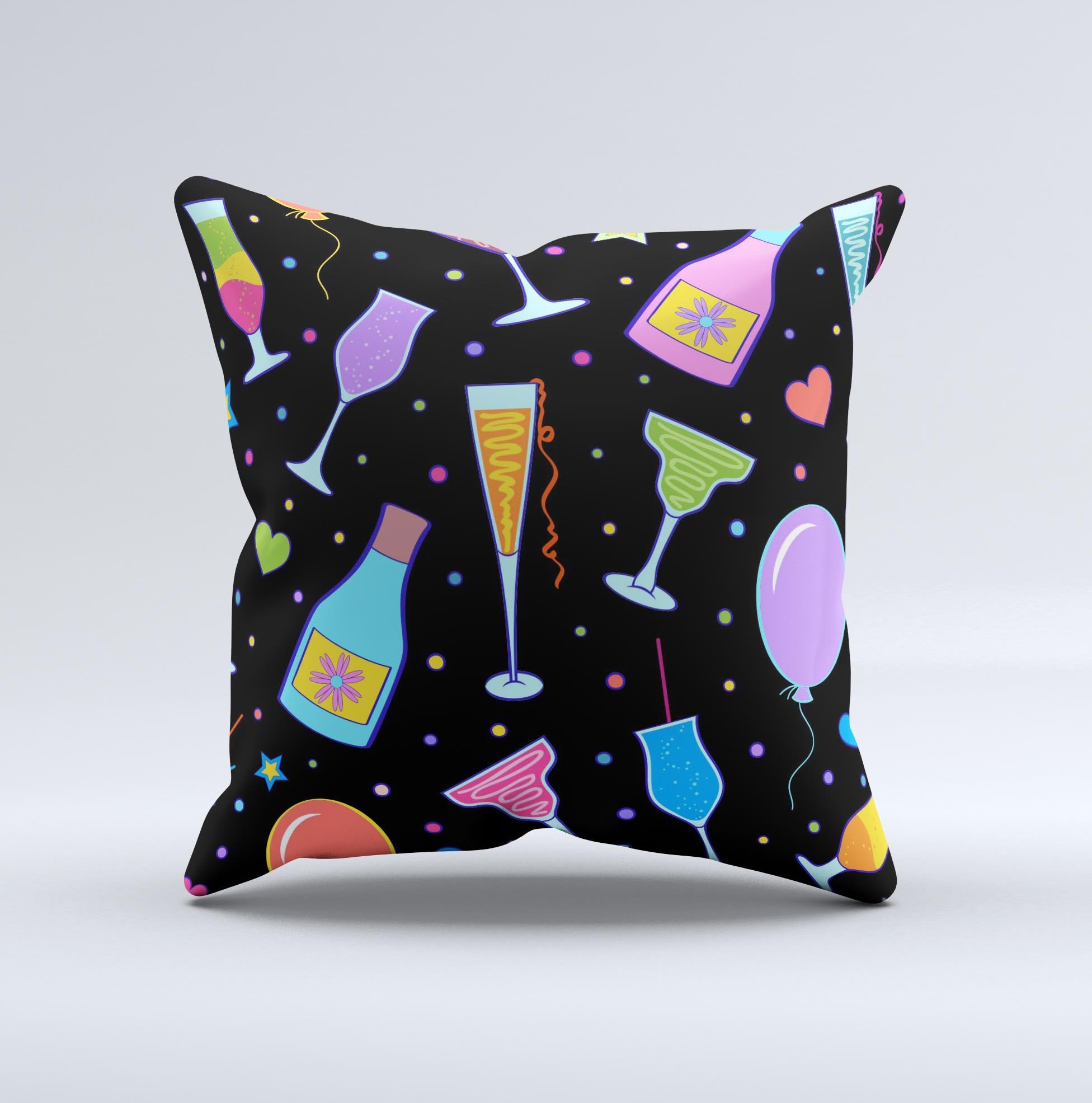 Vibrant Neon Party Drinks Ink-Fuzed Decorative Throw Pillow showcasing colorful designs on a soft fabric.