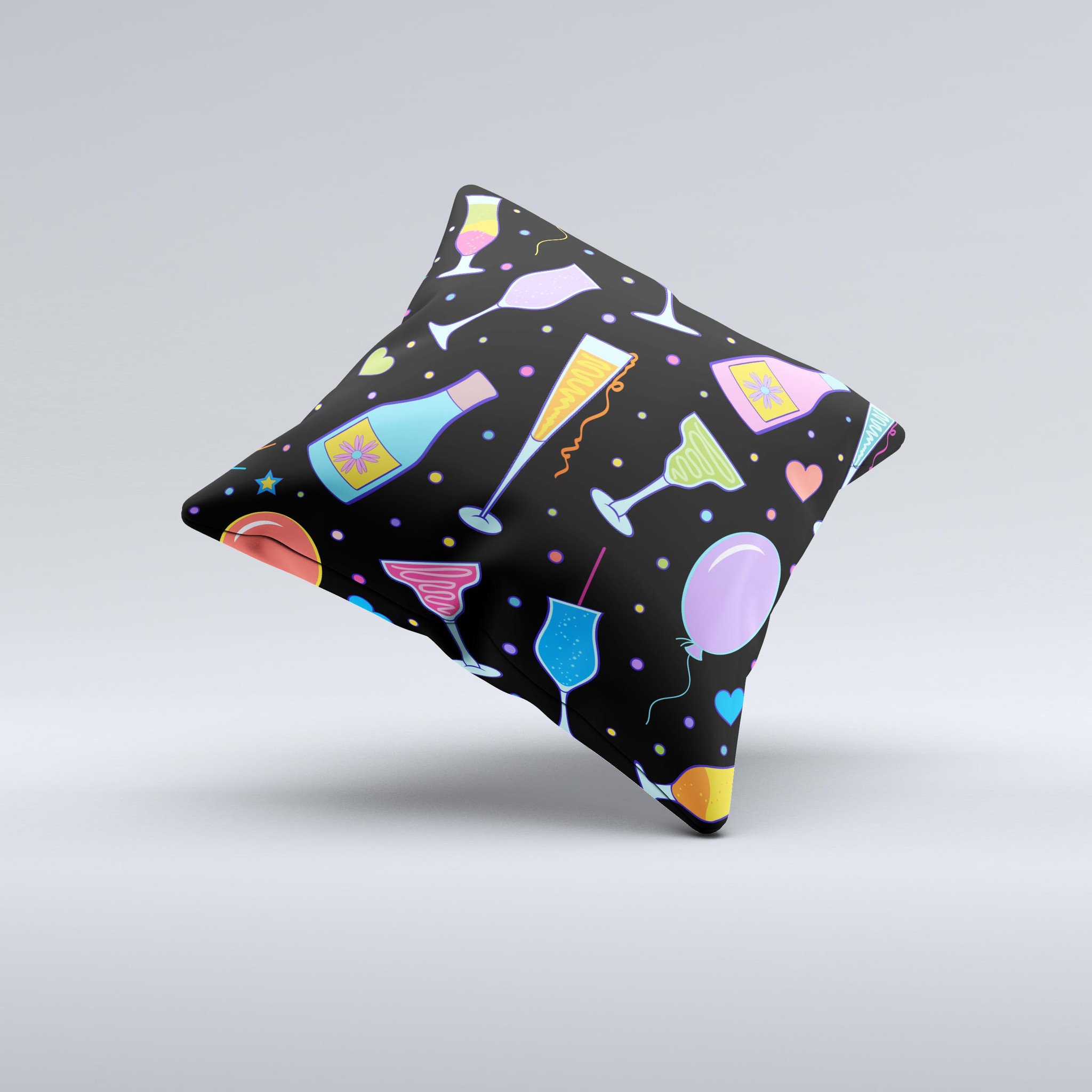 Vibrant Neon Party Drinks Ink-Fuzed Decorative Throw Pillow showcasing colorful designs on a soft fabric.