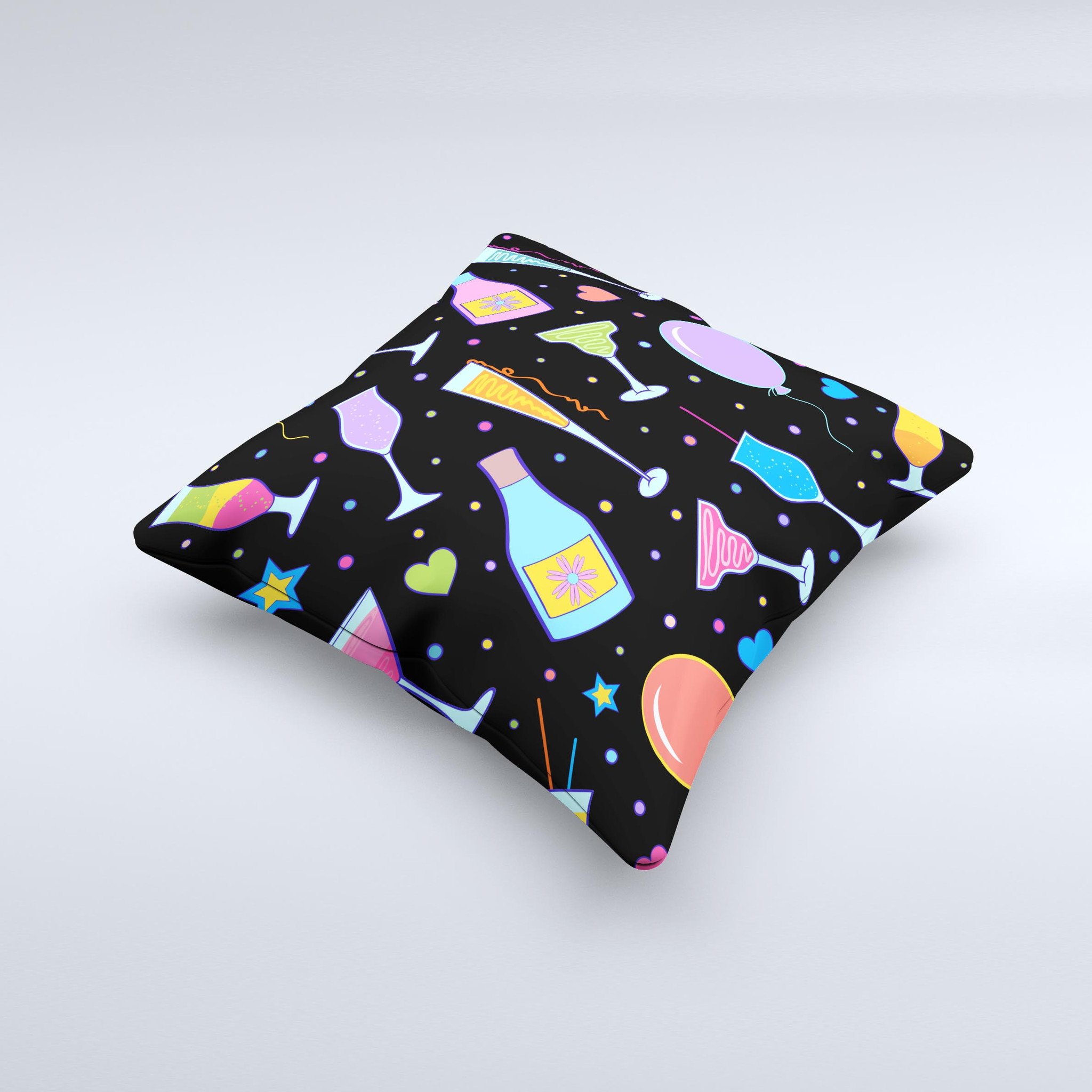 Vibrant Neon Party Drinks Ink-Fuzed Decorative Throw Pillow showcasing colorful designs on a soft fabric.