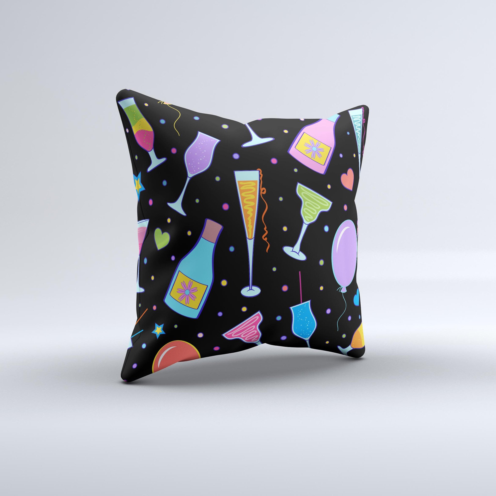 Vibrant Neon Party Drinks Ink-Fuzed Decorative Throw Pillow showcasing colorful designs on a soft fabric.