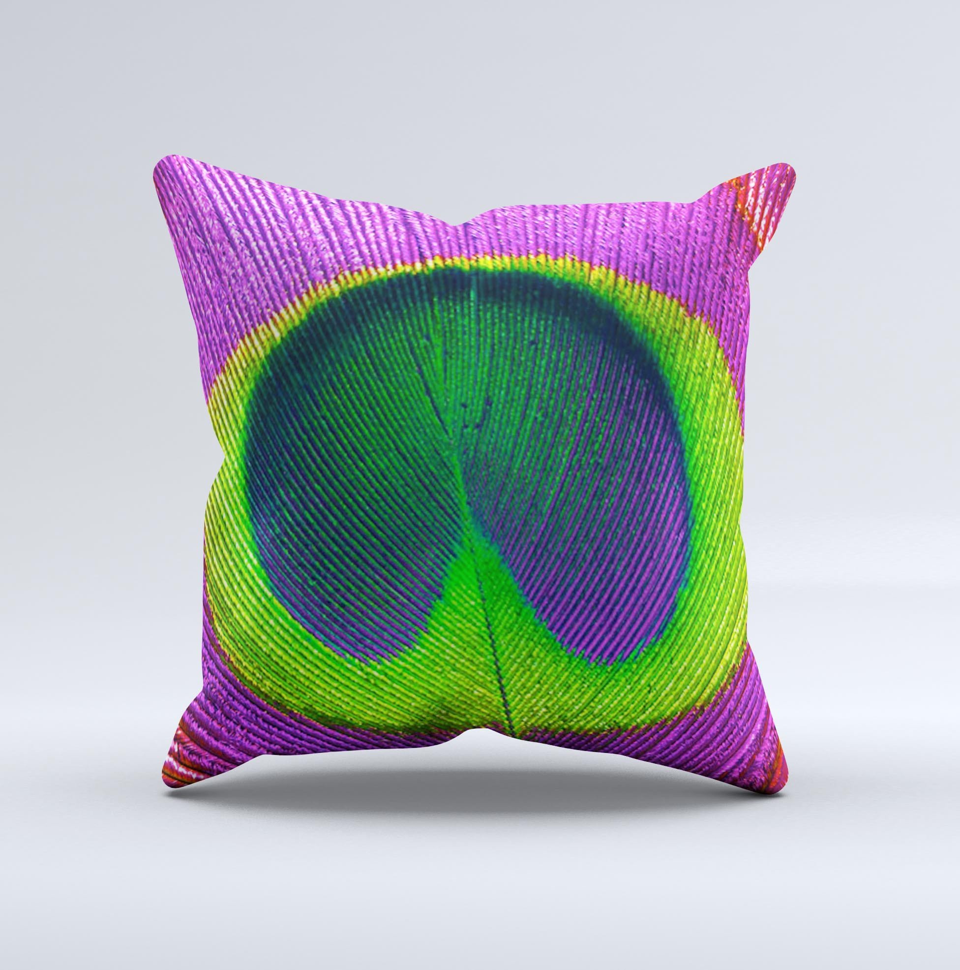 A vibrant Neon Peacock Feather Ink-Fuzed Decorative Throw Pillow showcasing intricate feather designs in neon colors on a soft fabric.