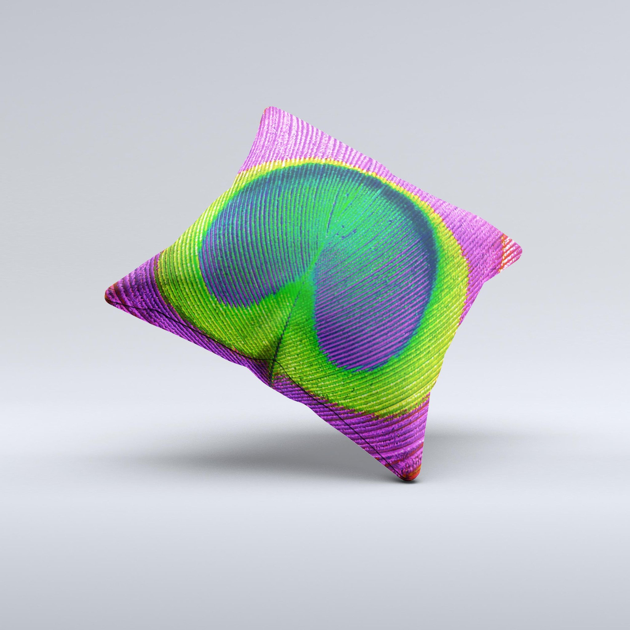 A vibrant Neon Peacock Feather Ink-Fuzed Decorative Throw Pillow showcasing intricate feather designs in neon colors on a soft fabric.