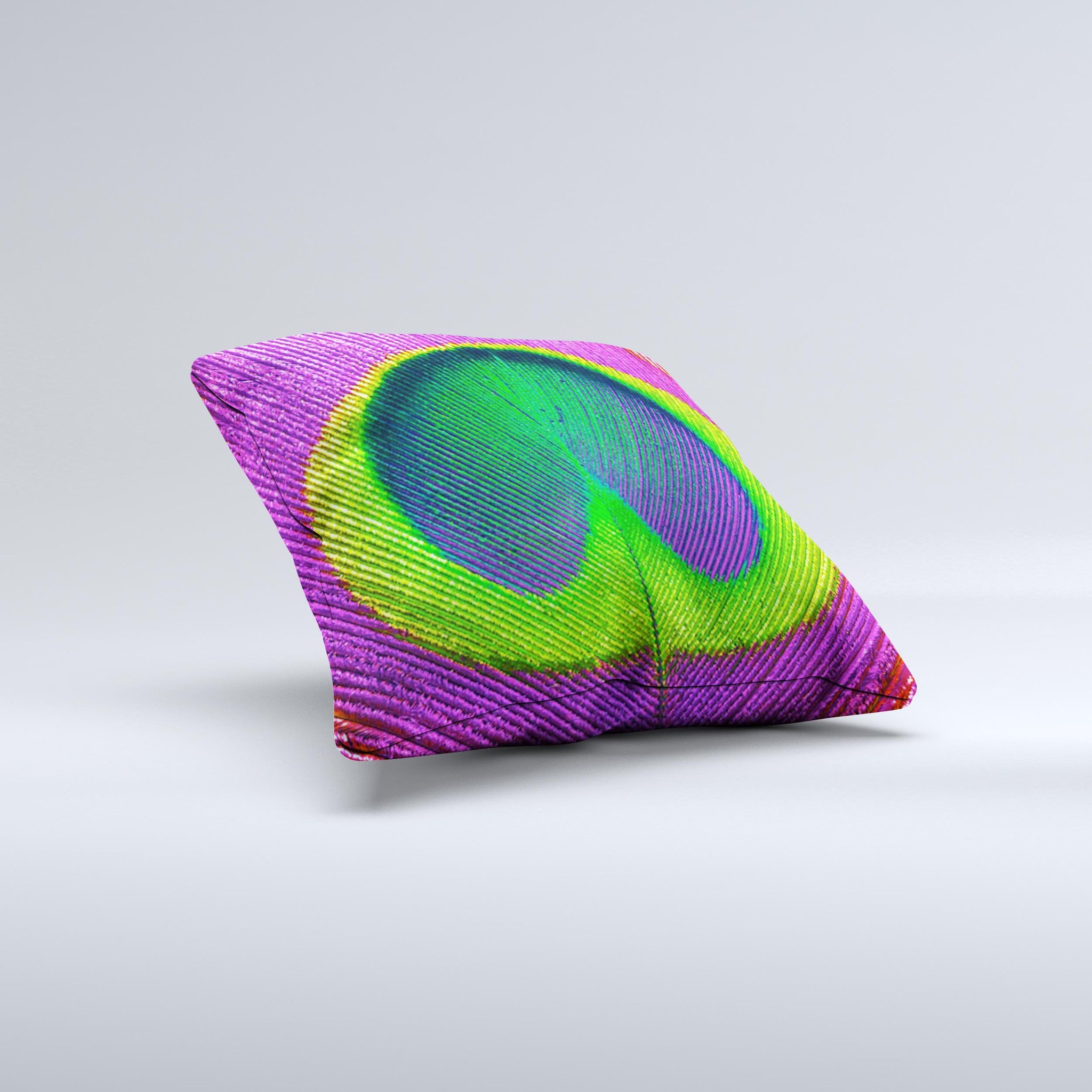 A vibrant Neon Peacock Feather Ink-Fuzed Decorative Throw Pillow showcasing intricate feather designs in neon colors on a soft fabric.