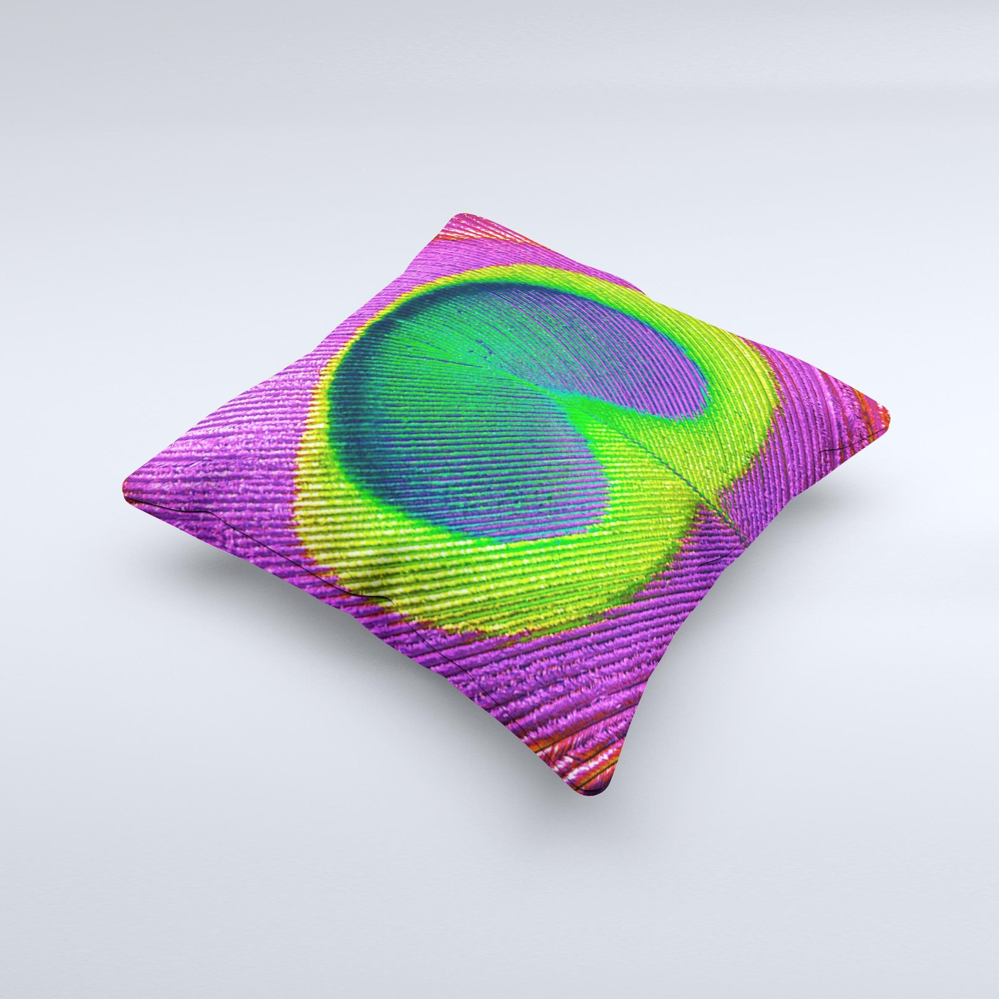 A vibrant Neon Peacock Feather Ink-Fuzed Decorative Throw Pillow showcasing intricate feather designs in neon colors on a soft fabric.