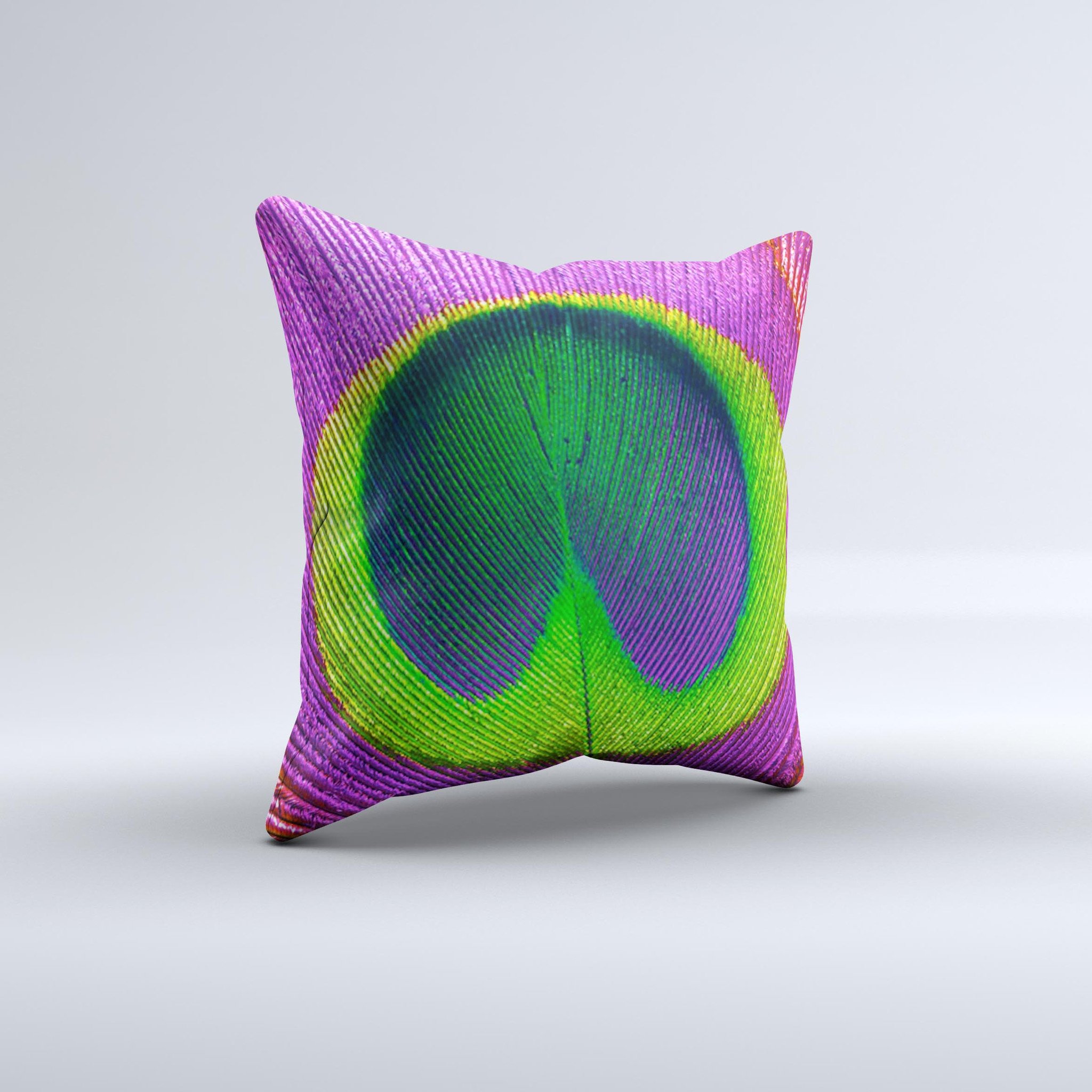 A vibrant Neon Peacock Feather Ink-Fuzed Decorative Throw Pillow showcasing intricate feather designs in neon colors on a soft fabric.