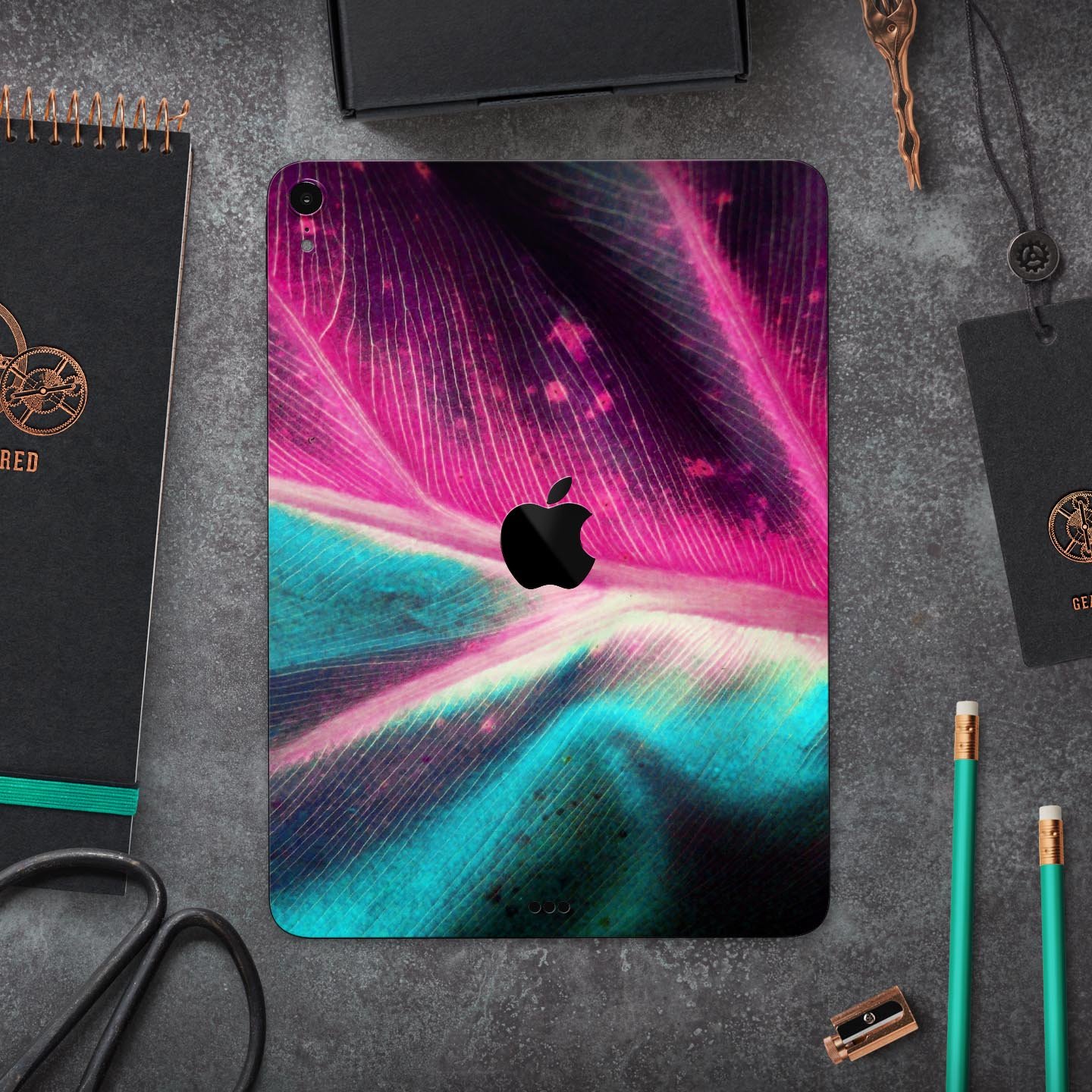 Neon Pink & Green Leaf Full Body Skin Decal for Apple iPad Pro, showcasing vibrant colors and intricate leaf design.