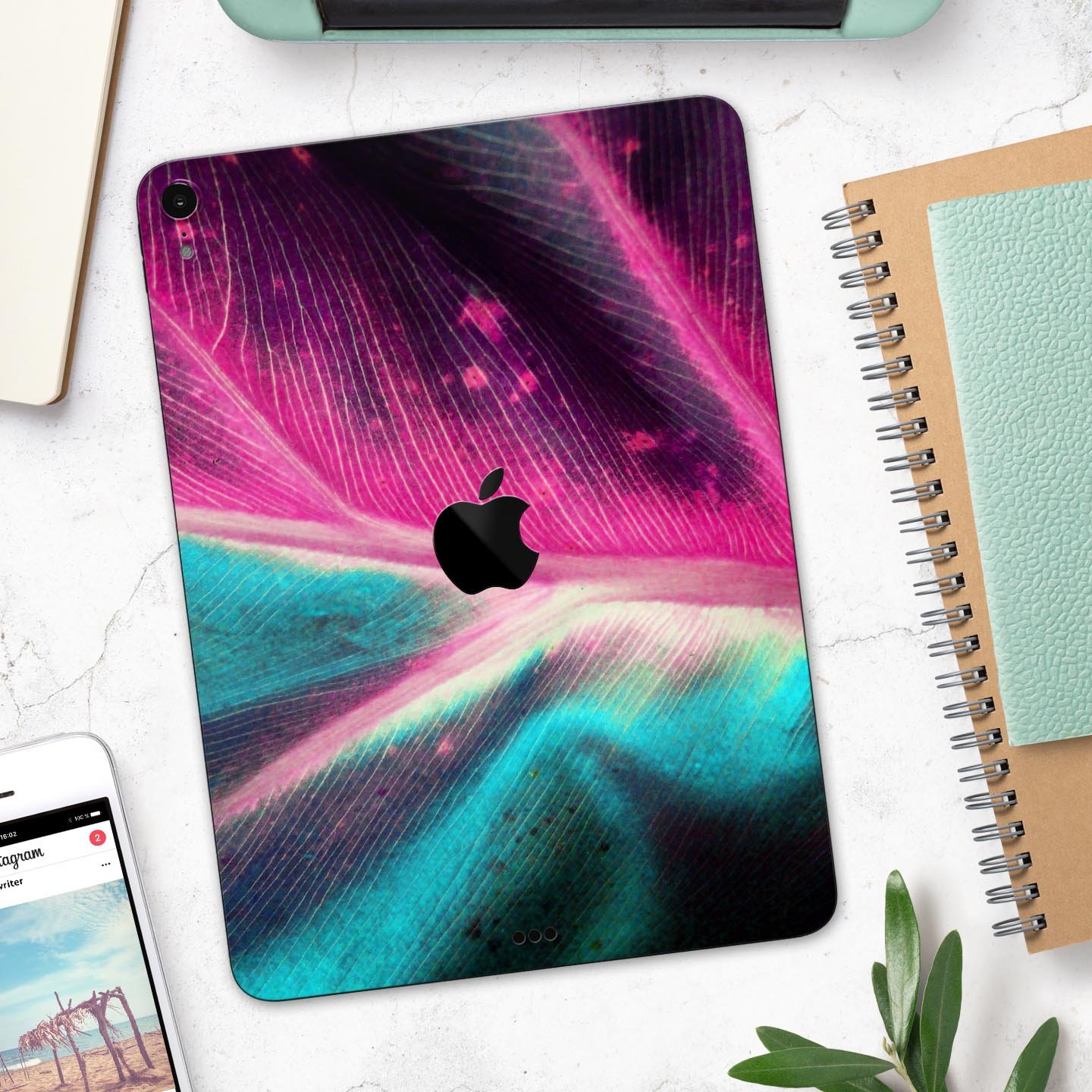 Neon Pink & Green Leaf Full Body Skin Decal for Apple iPad Pro, showcasing vibrant colors and intricate leaf design.