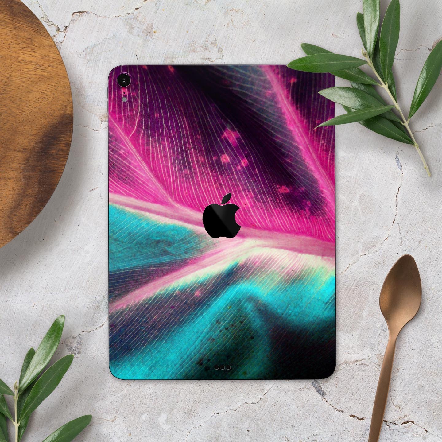 Neon Pink & Green Leaf Full Body Skin Decal for Apple iPad Pro, showcasing vibrant colors and intricate leaf design.