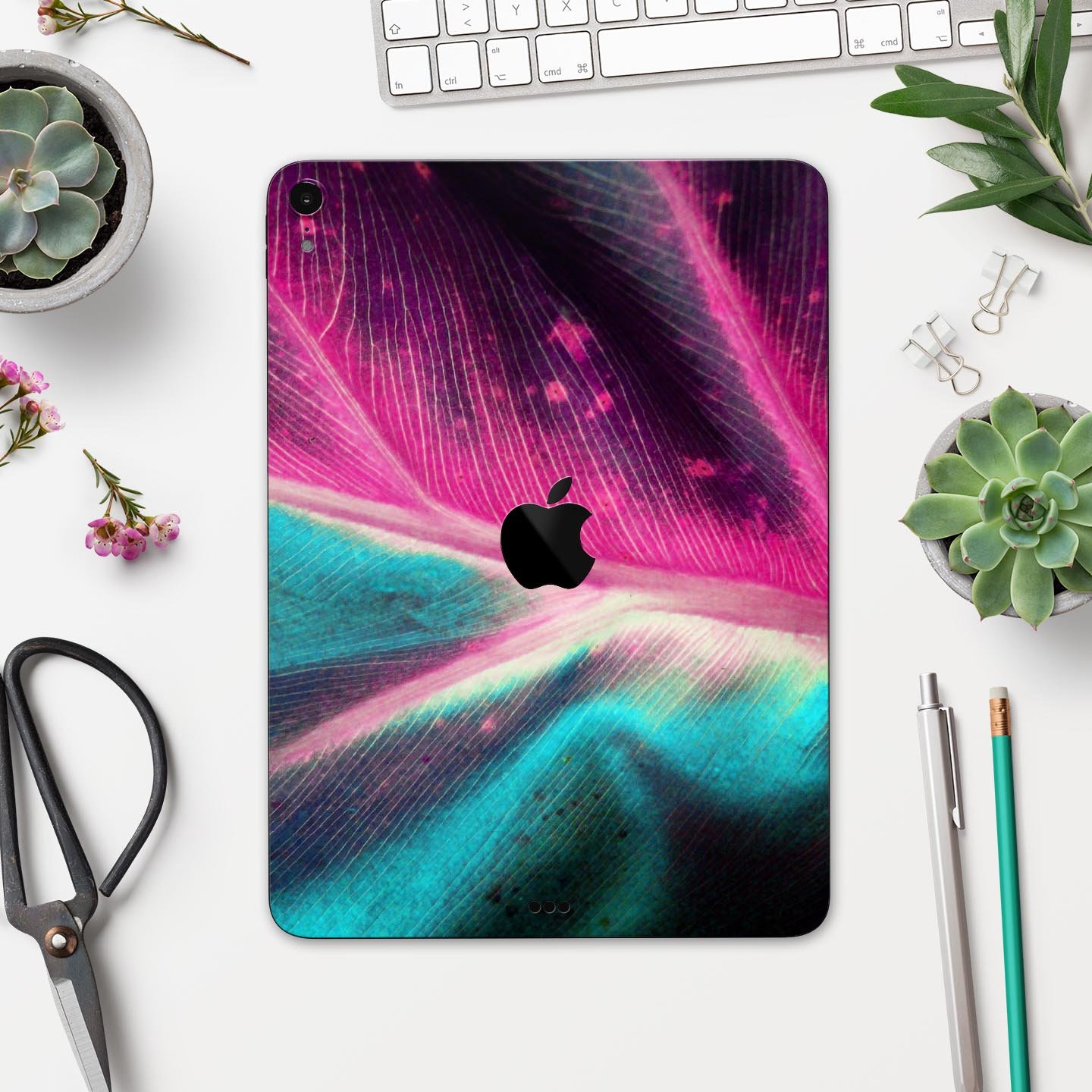 Neon Pink & Green Leaf Full Body Skin Decal for Apple iPad Pro, showcasing vibrant colors and intricate leaf design.