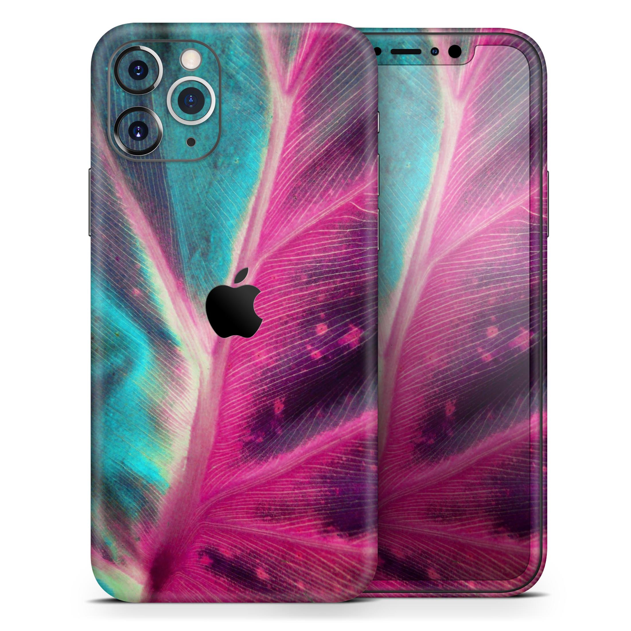 Neon Pink and Green Leaf Skin-Kit for Apple iPhone, showcasing vibrant colors and sleek design.